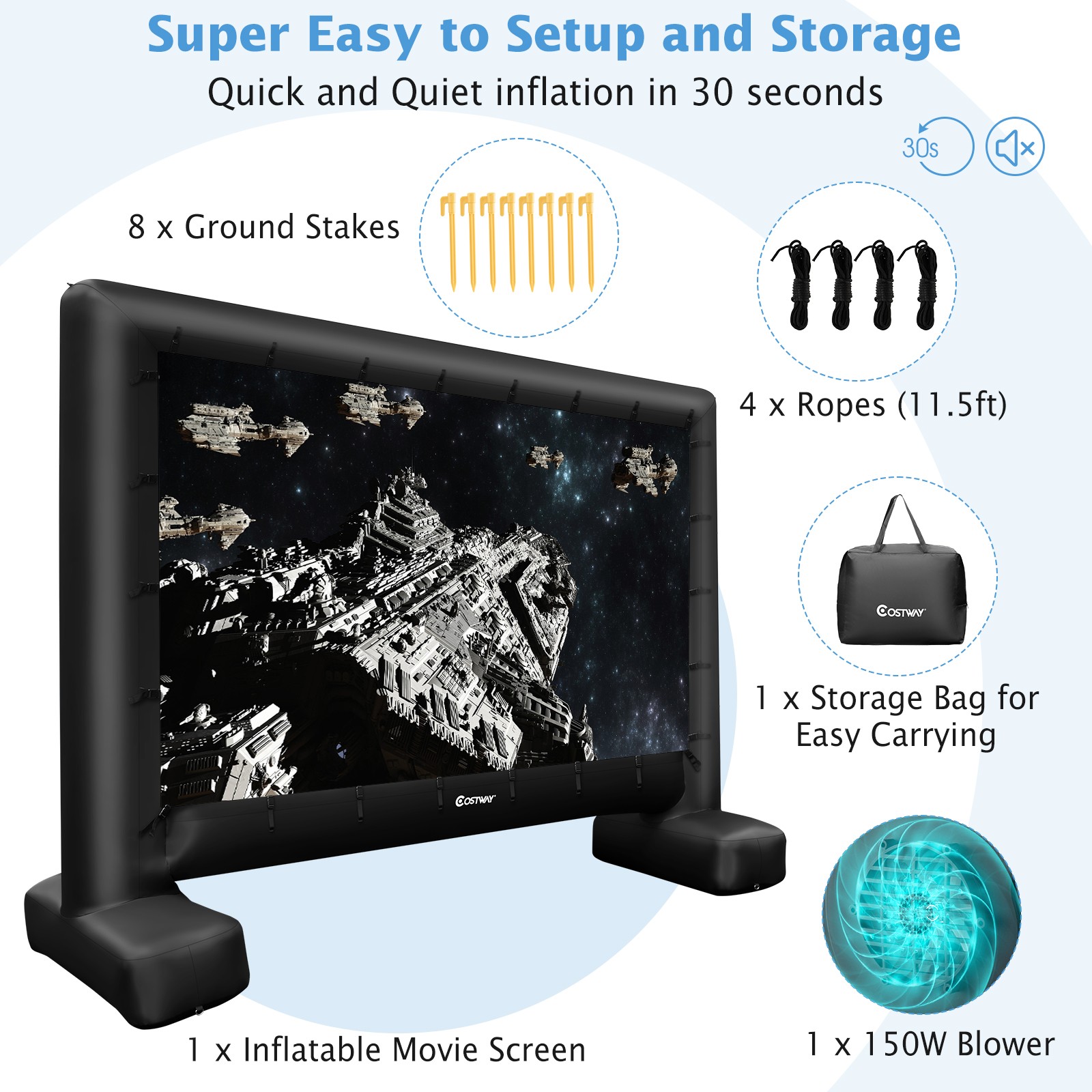 15 FT Inflatable Movie Screen Outdoor Blow Up Projector 16:9 w/ Air Blower & Bag