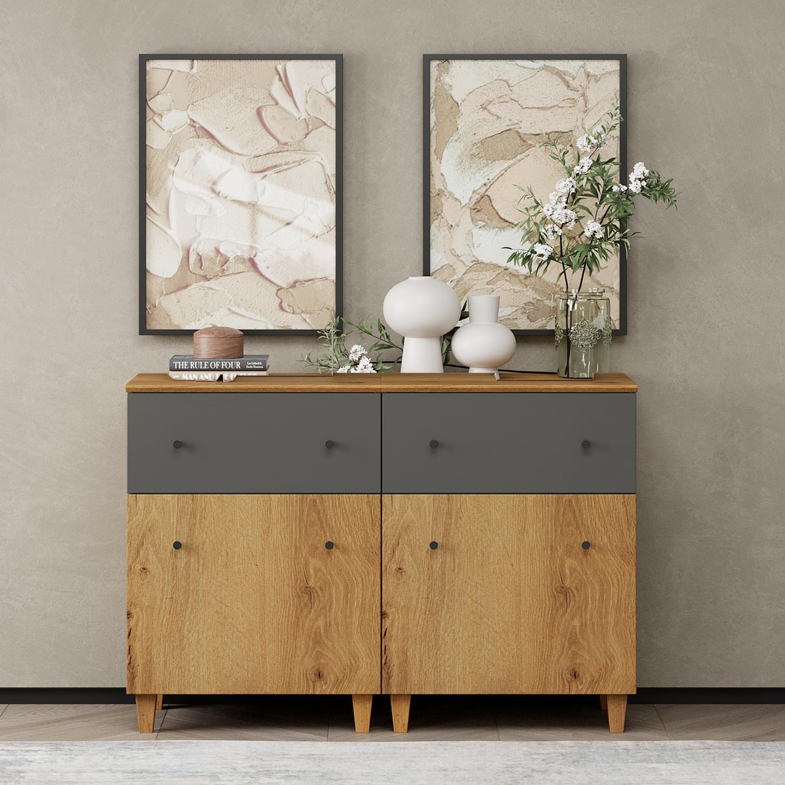 Set of 2 Storage Sideboard Cabinets Adjustable Shelves Oak Brown Dark Grey