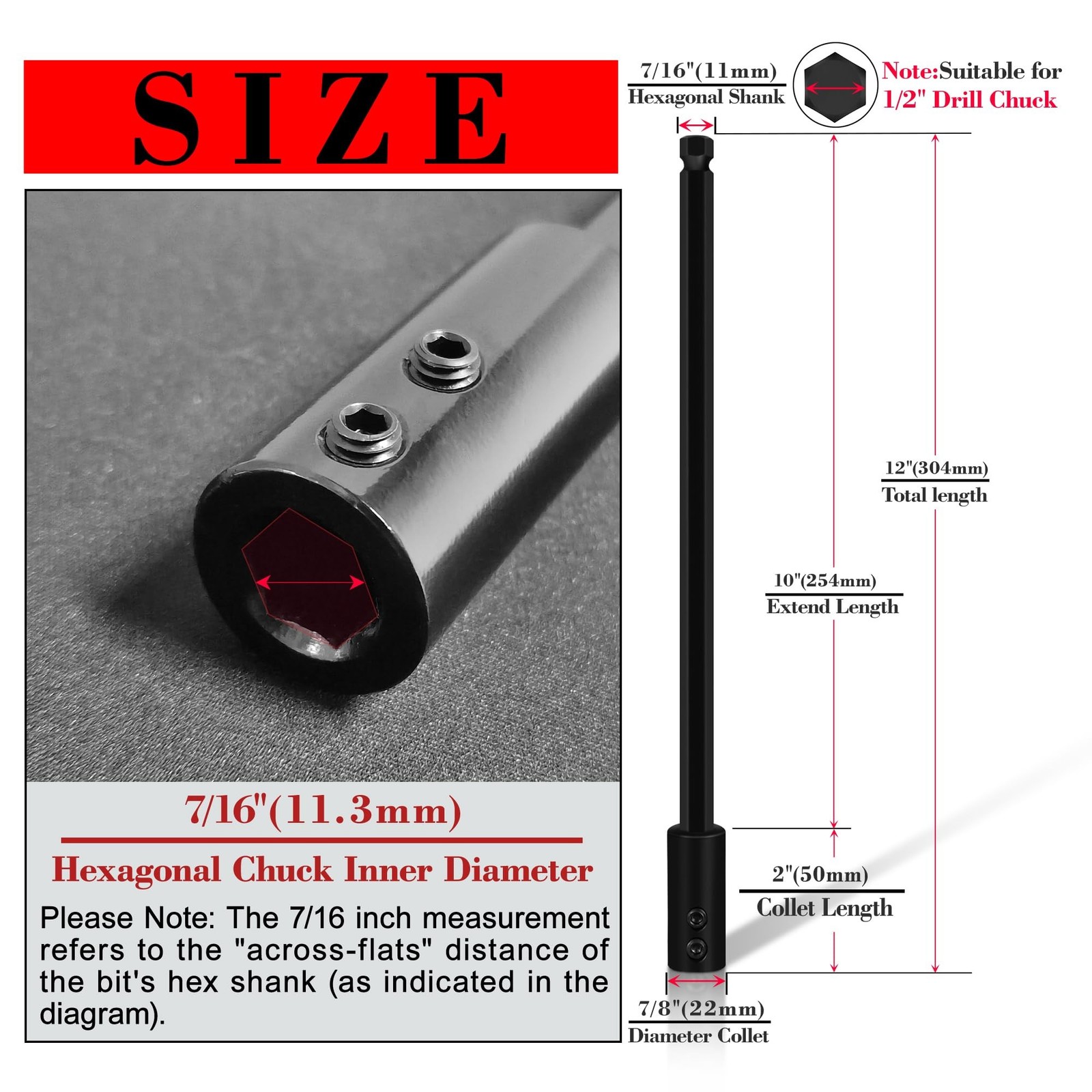 12 Inch Forstner Drill Bit Extension for 7/16″ Hex Shank,Drill Bit Extension …
