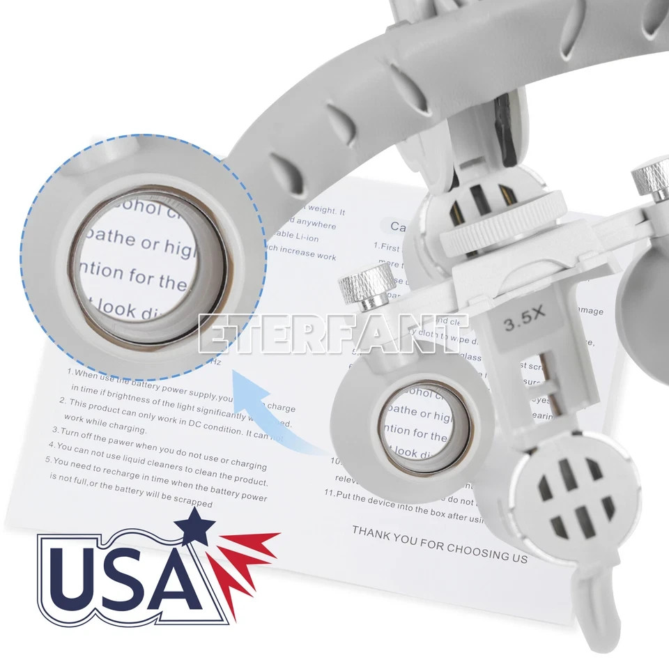 ETERFANT 3.5X Dental Headband Binocular Loupes 5W Dual LED Head Light 2Leds Blue