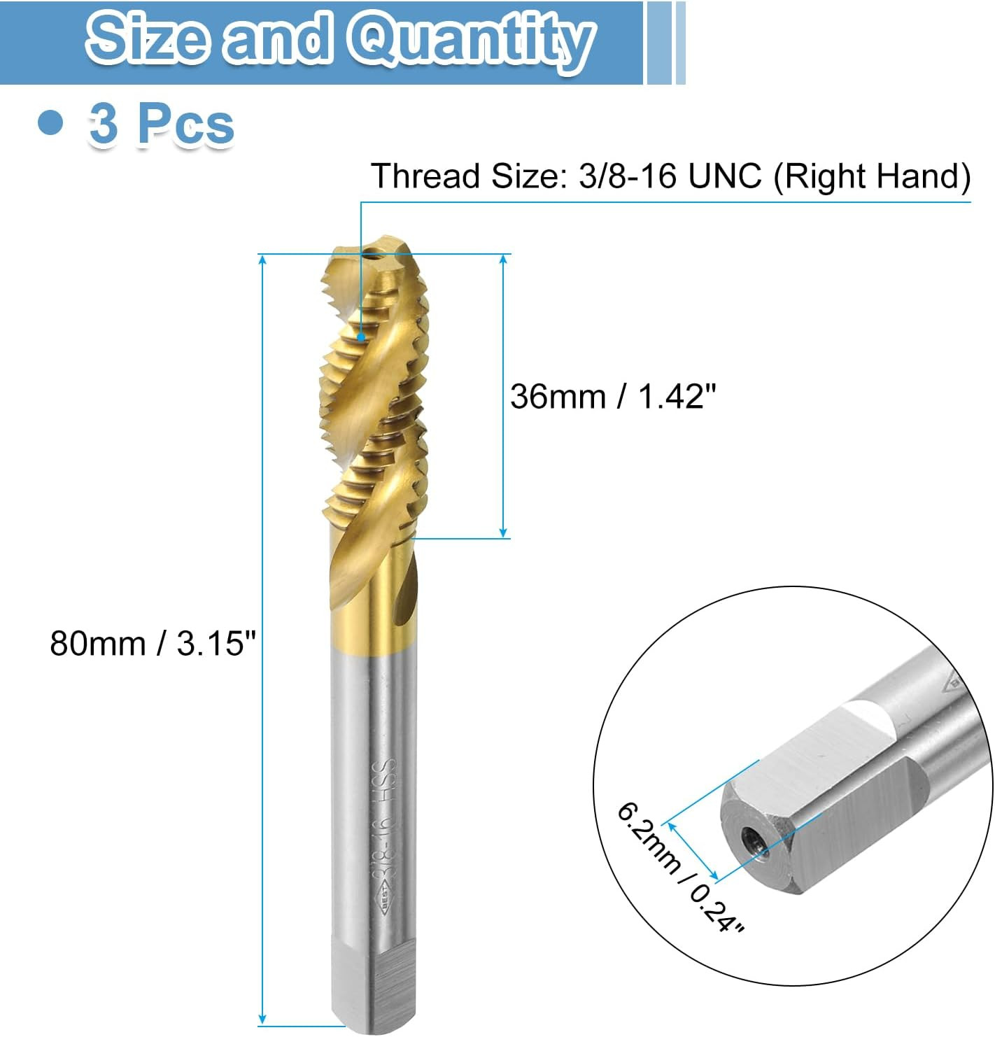 3Pcs Spiral Flute Thread Taps, 3/8-16 UNC H2 Screw Threading Tap