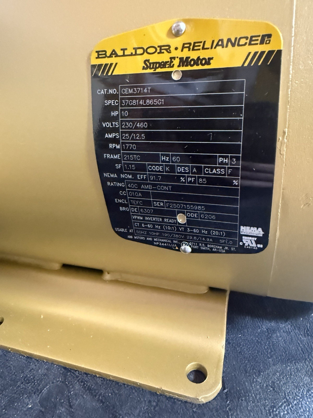 BALDOR ELECTRIC CEM3714T General Purpose Motor 10 HP 230/460VAC Totally Enclosed