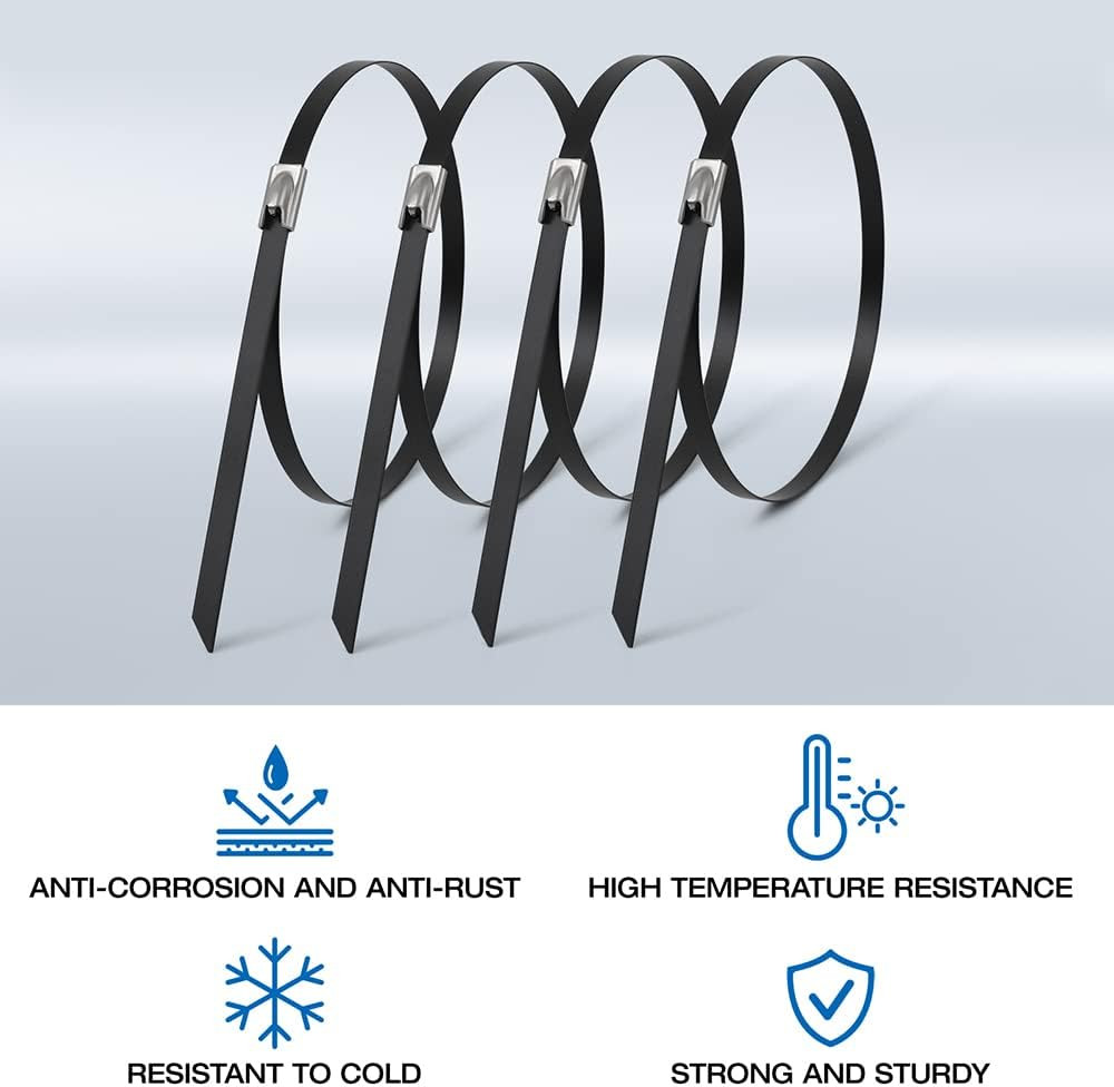 Black Metal Zip Ties Heavy Duty, Stainless Steel Cable Ties 15.8″ Long 304 L…