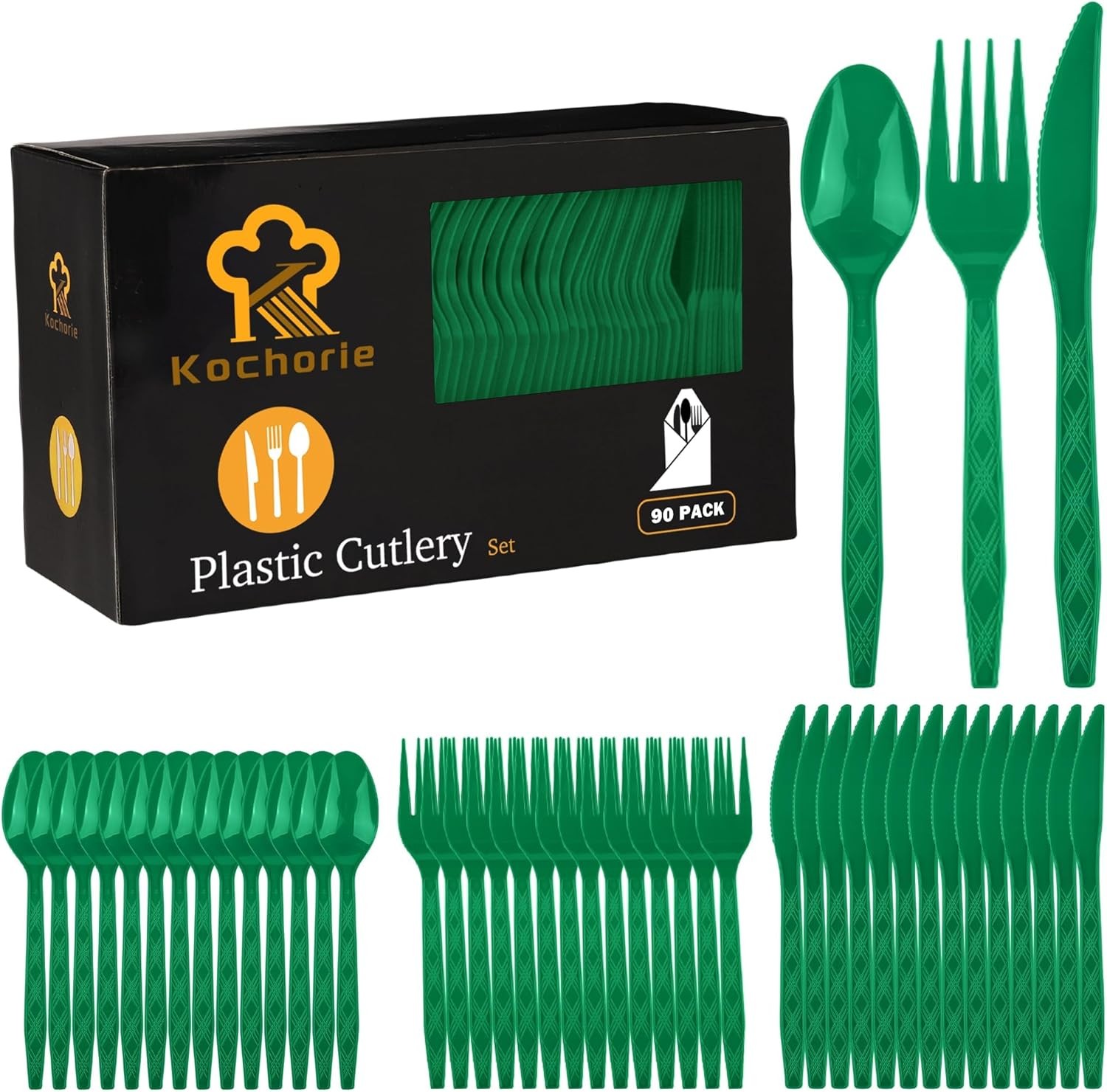90 Pieces Dark Green Plastic Cutlery Set Disposable Plastic Utensils Heavy Duty