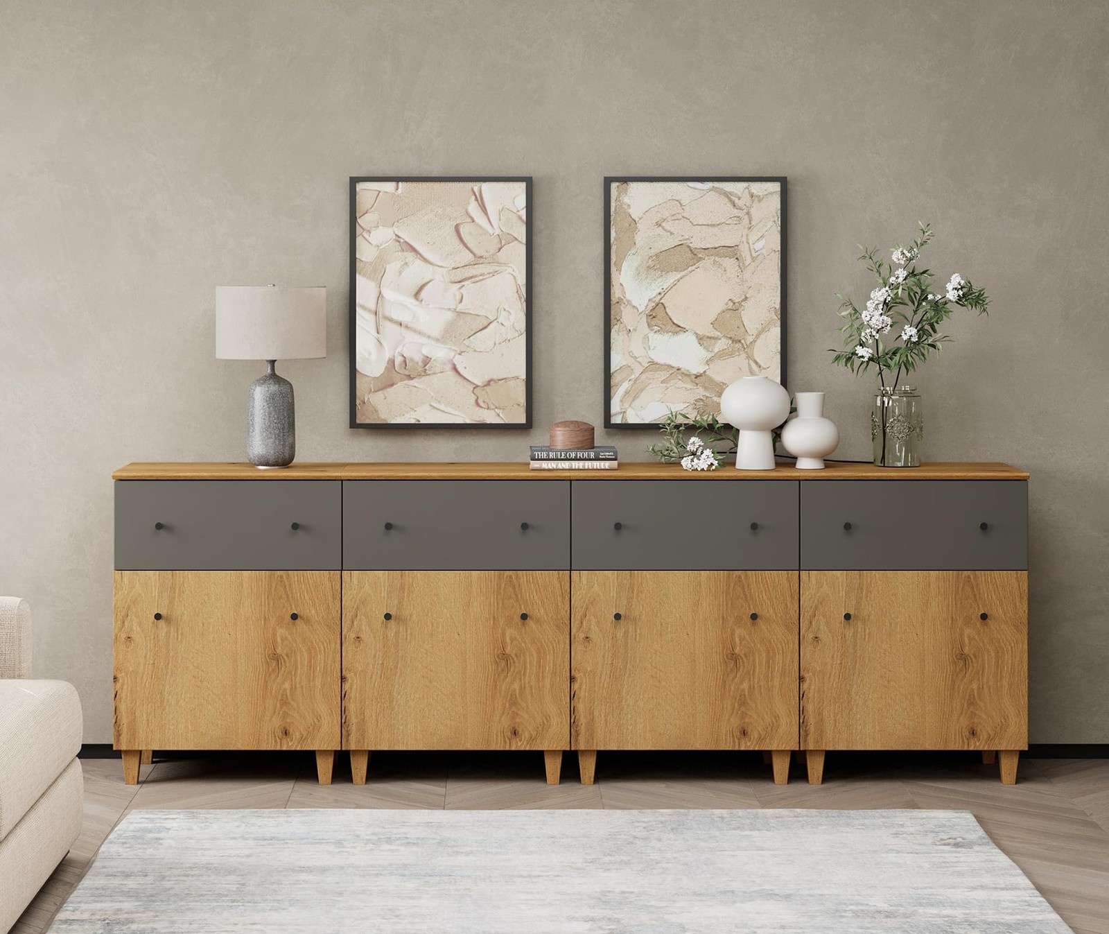 4 Modern Wood Cabinets with Drawers Doors Adjustable Shelves Oak Brown Dark Grey