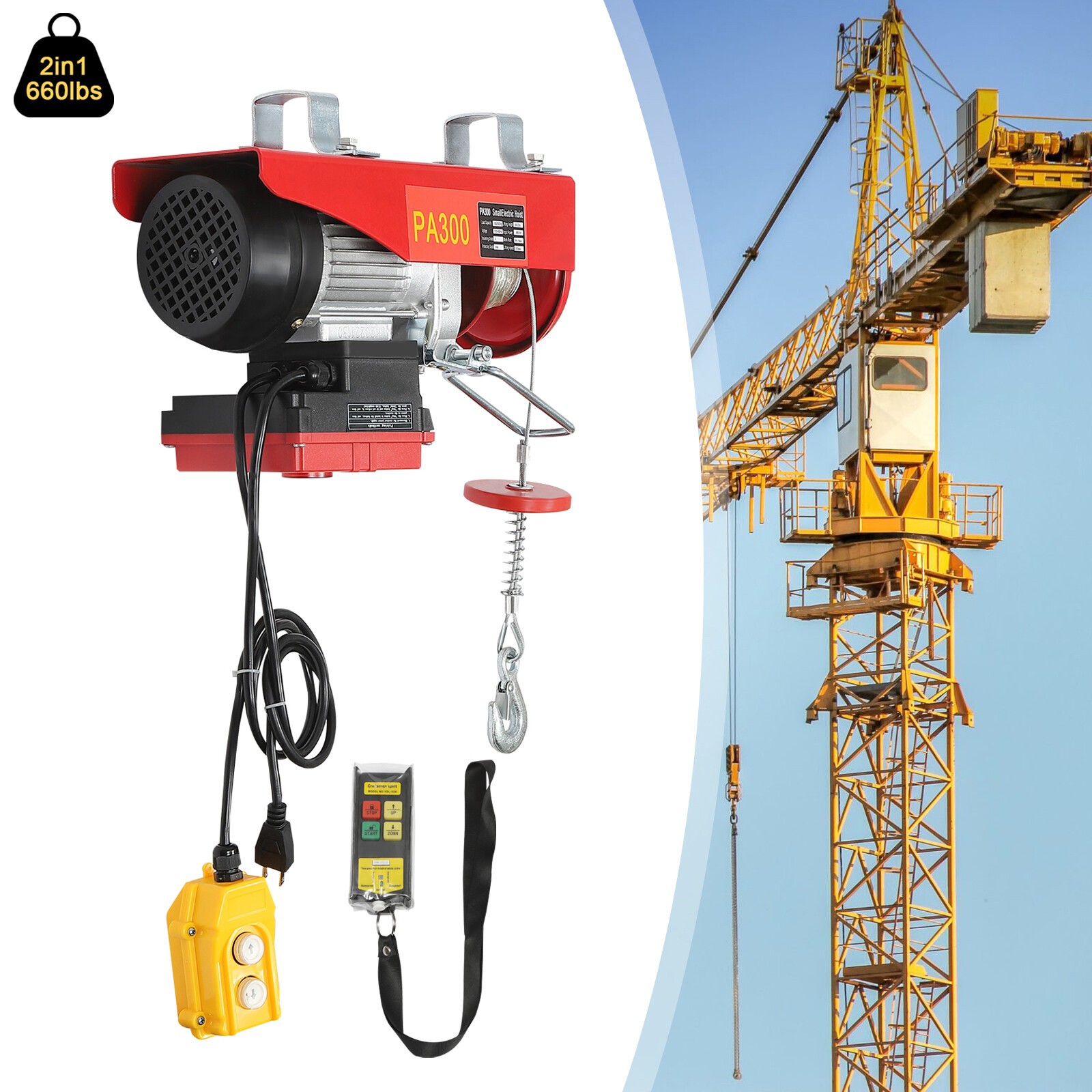 2-In-1 Hoist Warehouses Electric Single/Double Slings Electric Lift Winch 660lbs