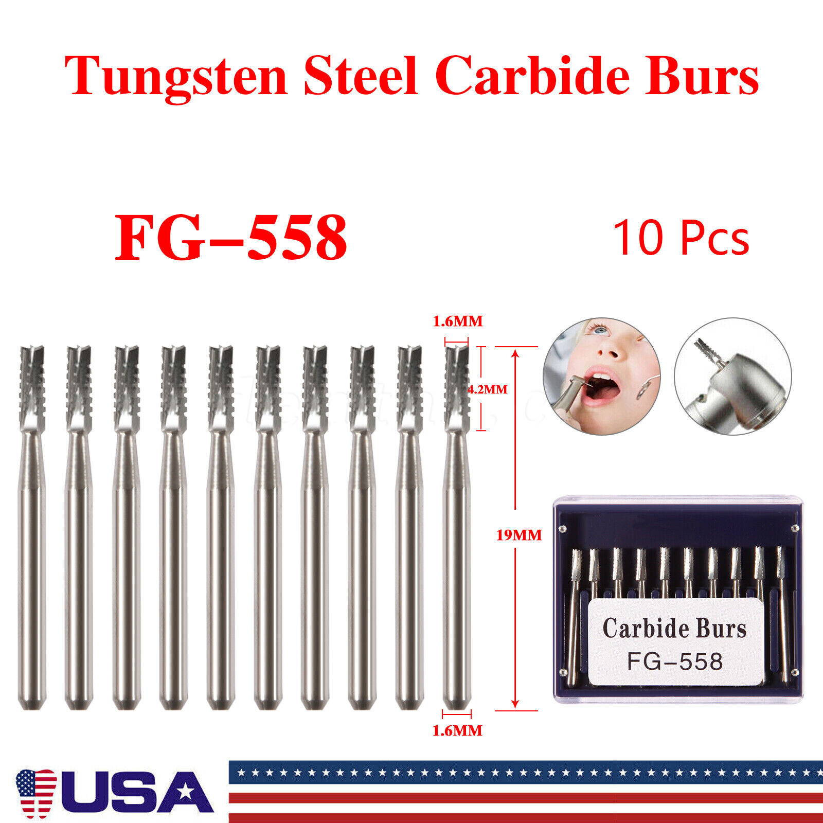 Dental Carbide Burs Tungsten Steel Bur FG 558 Pear for High Speed Handpiece