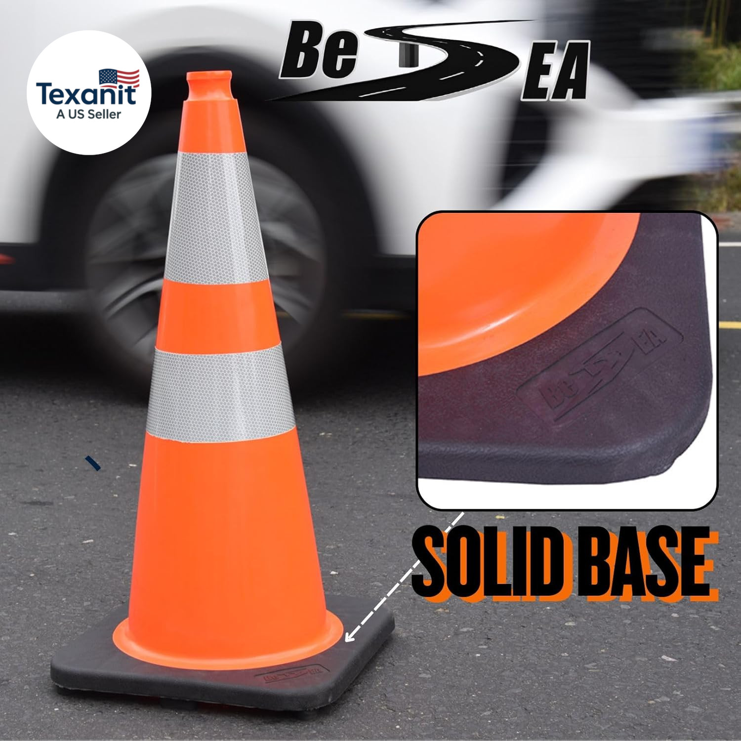 (8 Cones) 28” Inch Orange PVC Traffic Cones, Black Base Construction Safety Con