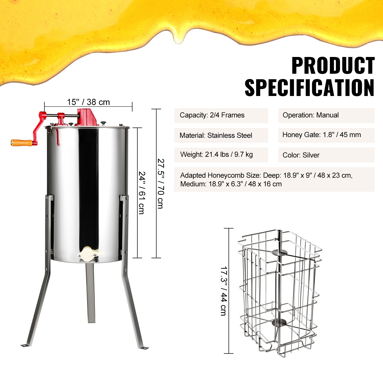 VEVOR Manual Honey Extractor Beekeeping Equipment 2/4 Frames Stainless Steel
