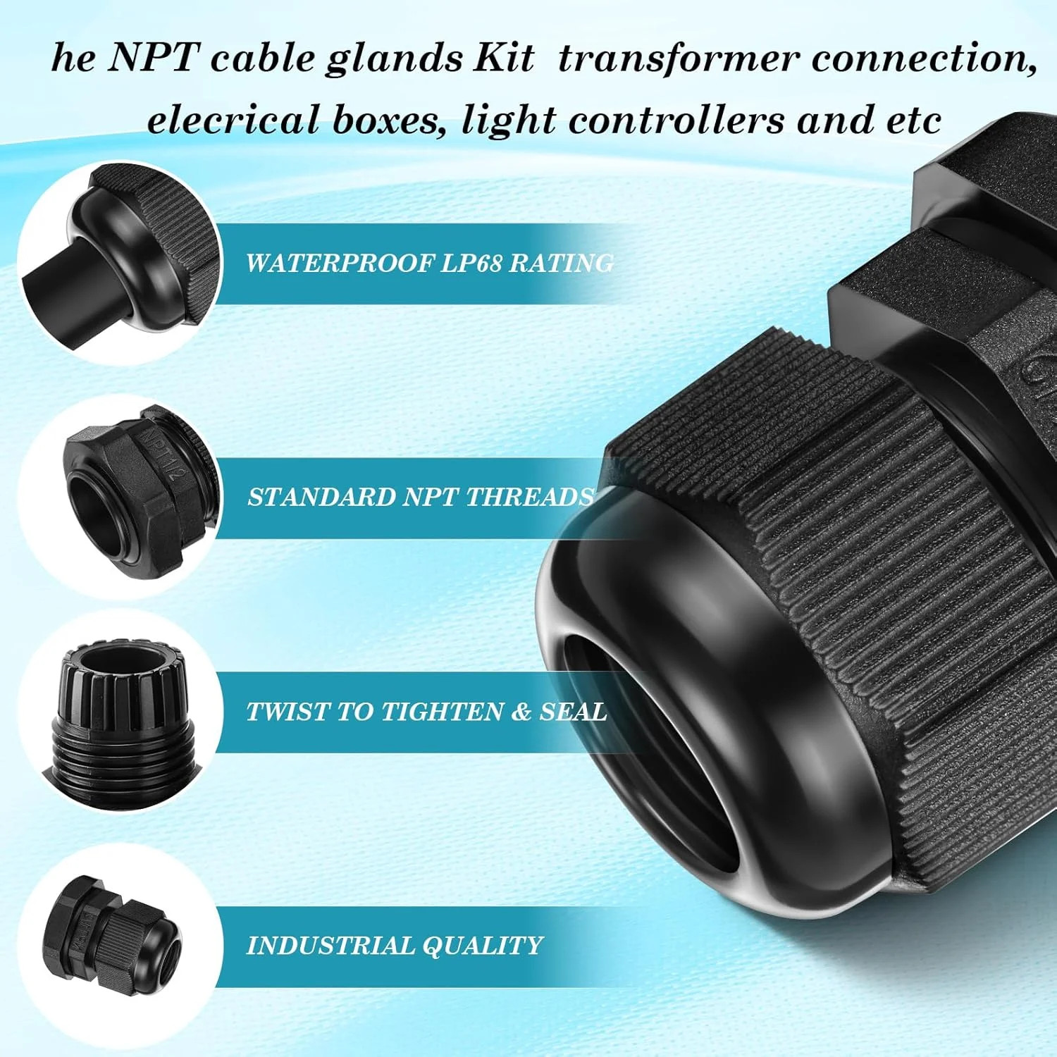 Relaxweex 50 Pcs 1/4″ 1/2″ 3/4″ 1″ NPT Black Nylon Cable Gland, Waterproof IP68