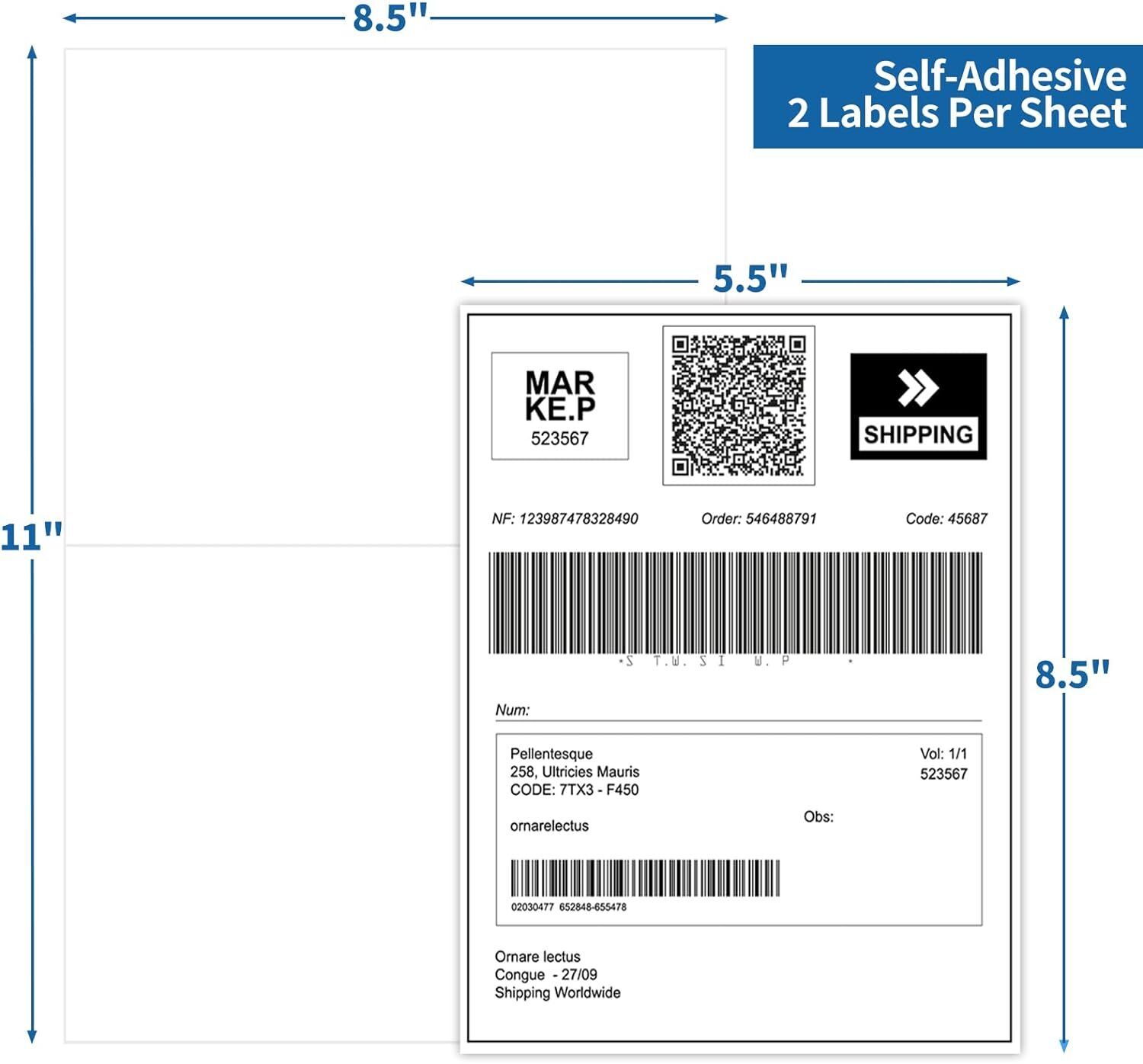 200 Half Sheet Shipping Labels 8.5″ x 5.5″ Self Adhesive Matte White 2 Per Sheet