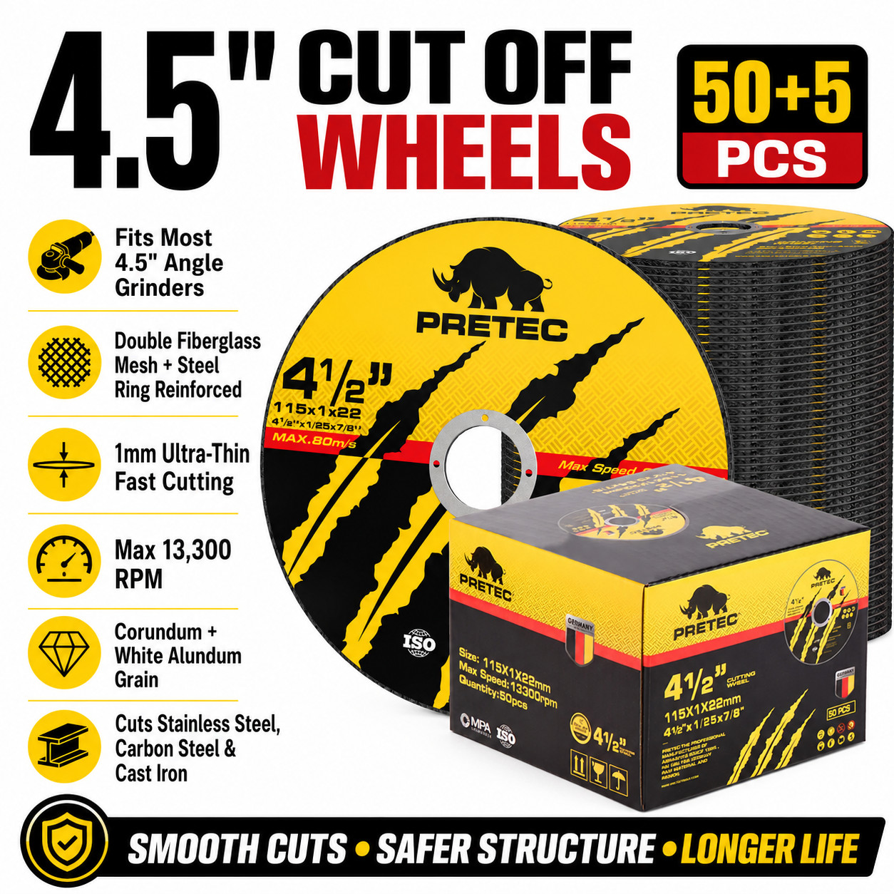 50+5Pack 4-1/2 Inch Cut-Off Wheels, Professional Cutting Discs for Angle Grinder