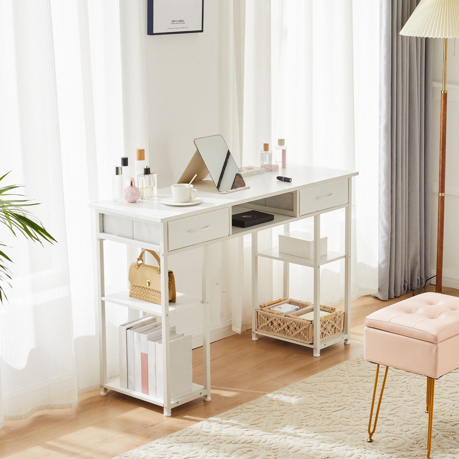 48″ Office Computer Desk,Home Study Table with Storage Shelf & 3 Fabric Drawers