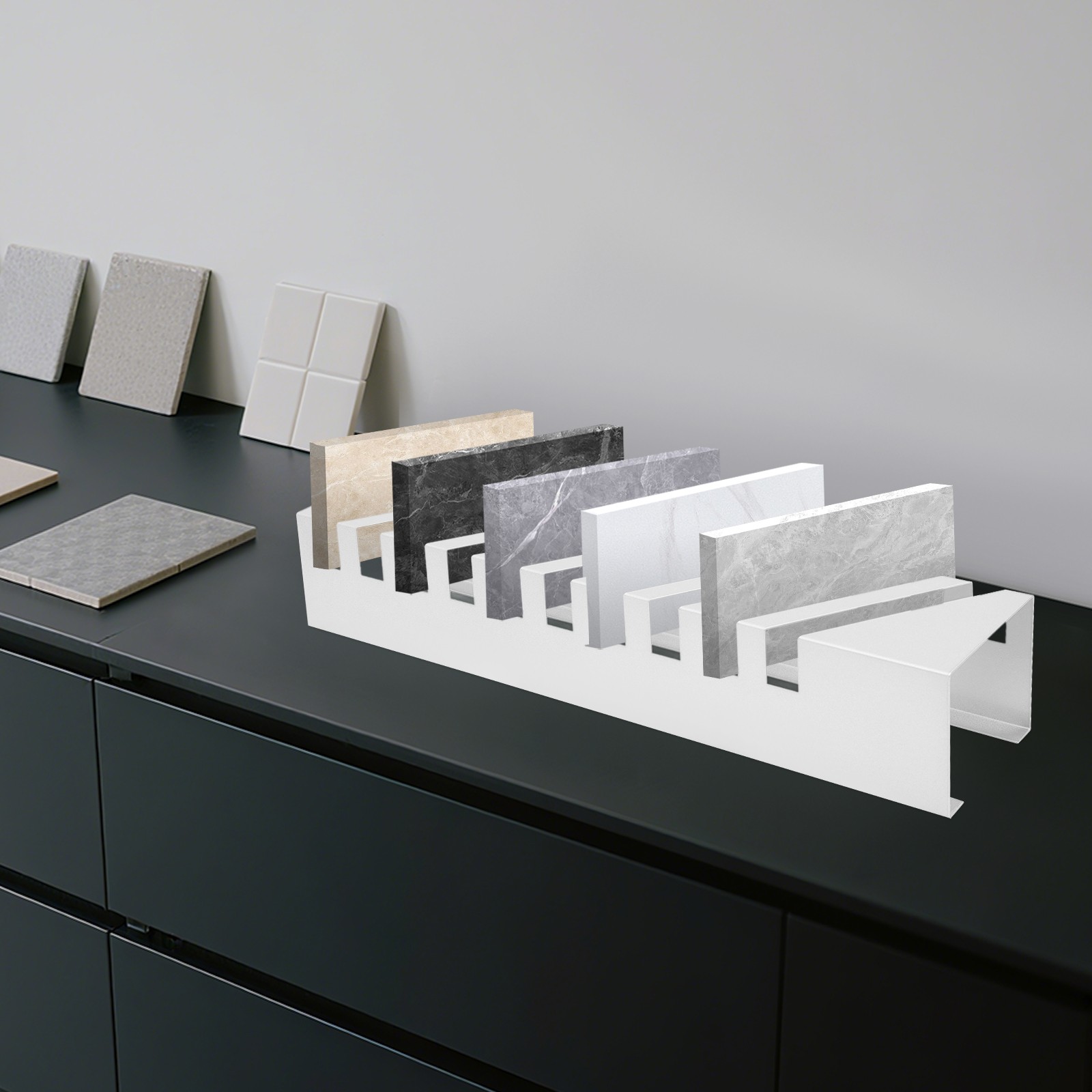 10-Slot Tile Display Rack Tabletop 45° Sample Stand White Iron