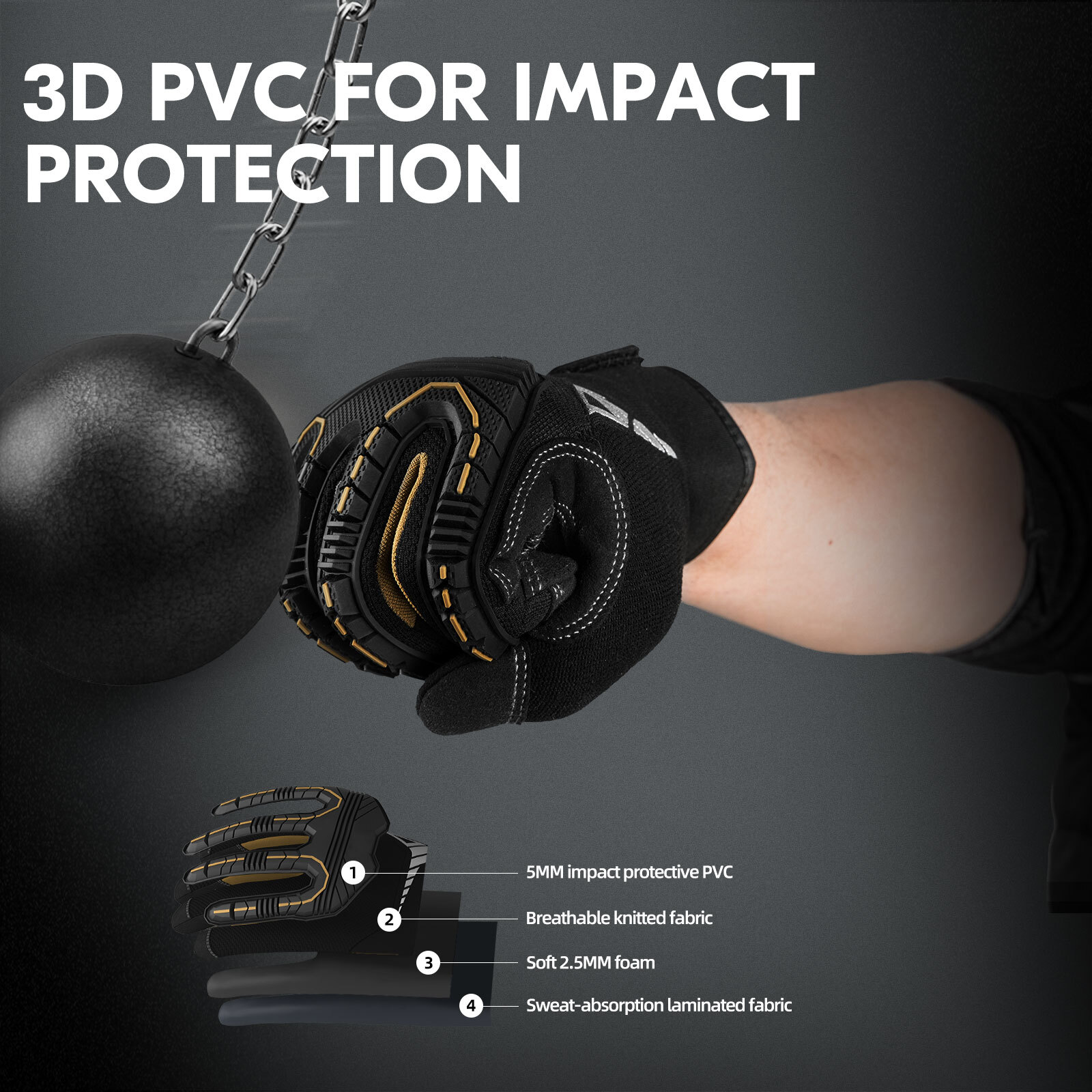 Vgo 1/2/3 Pairs Heavy Duty Work Gloves,Mechanic Gloves ImpactProtection (SL8849)