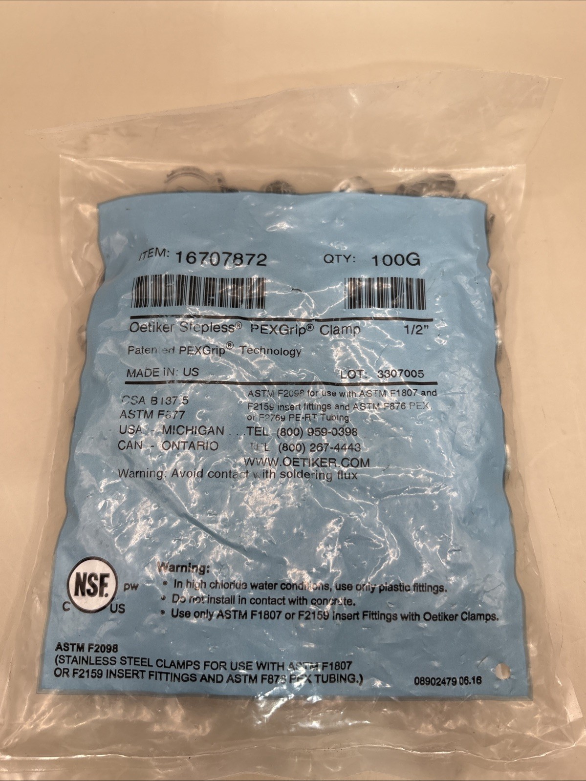 Oetiker 16707872-100Grag Grip Clamp, 1/2”, Pk100