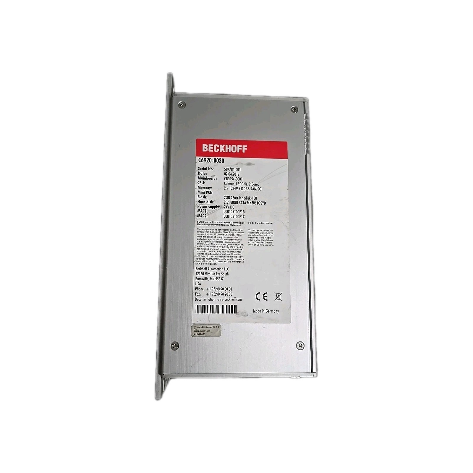 Beckhoff C6920-0030 Servo Drive – 80gb Sata, 24v dc, Celron Cpu, 2gb Flash
