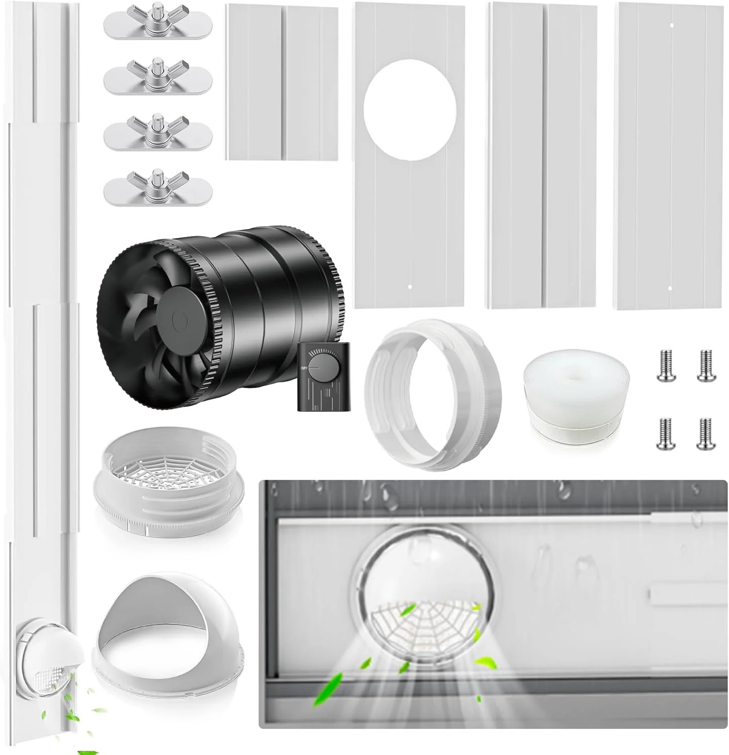 Portable AC Window Vent Kit with 6 Inch 345 CFM Inline Fan & Universal Coupler,