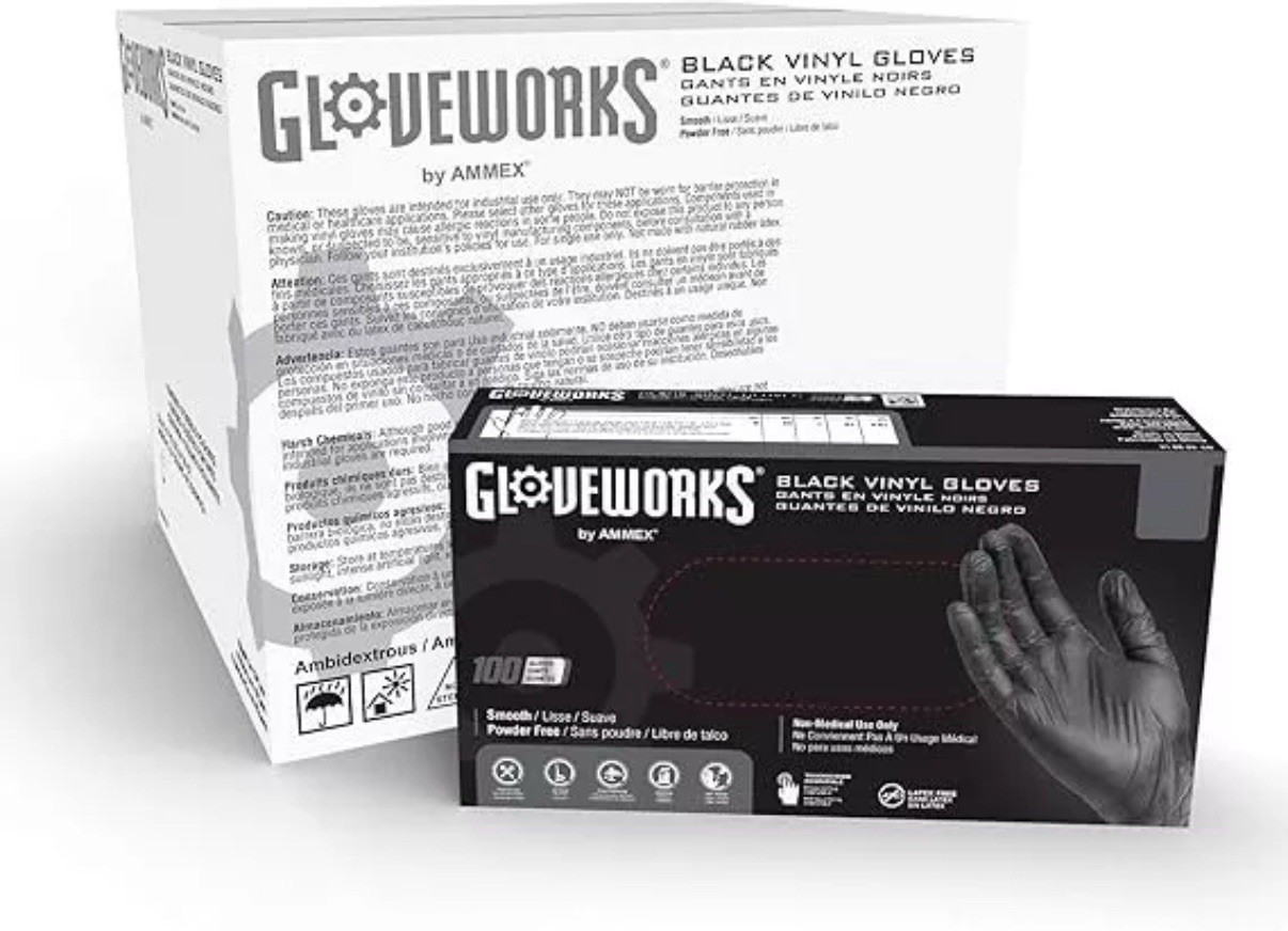 GLOVEWORKS Vinyl Gloves CASE OF 10 PACKS, Black MEDIUM Latex and Nitrile Free