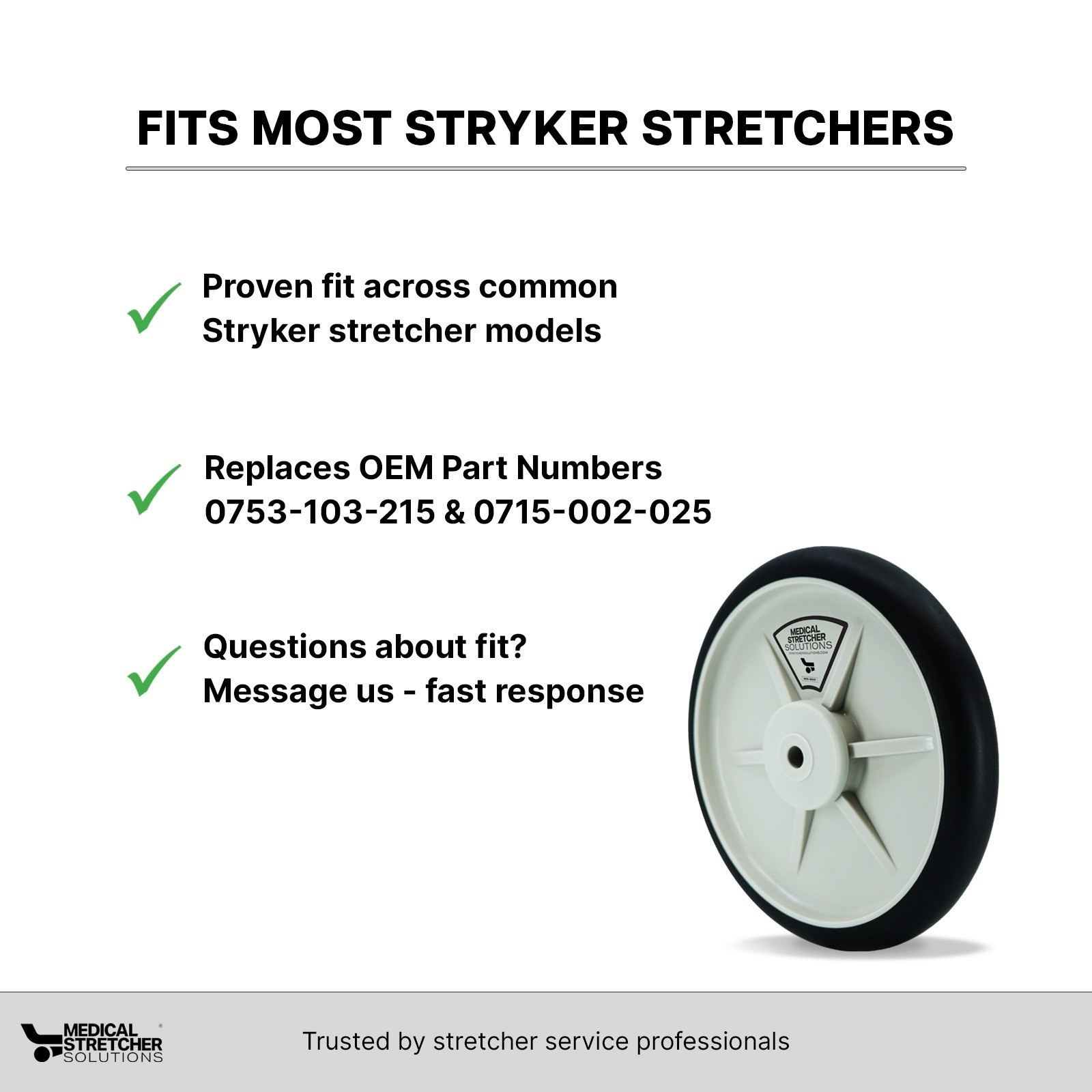 Stryker Stretcher Wheel 8″ Replaces 0753-103-215 & 0715-002-025*NEW*