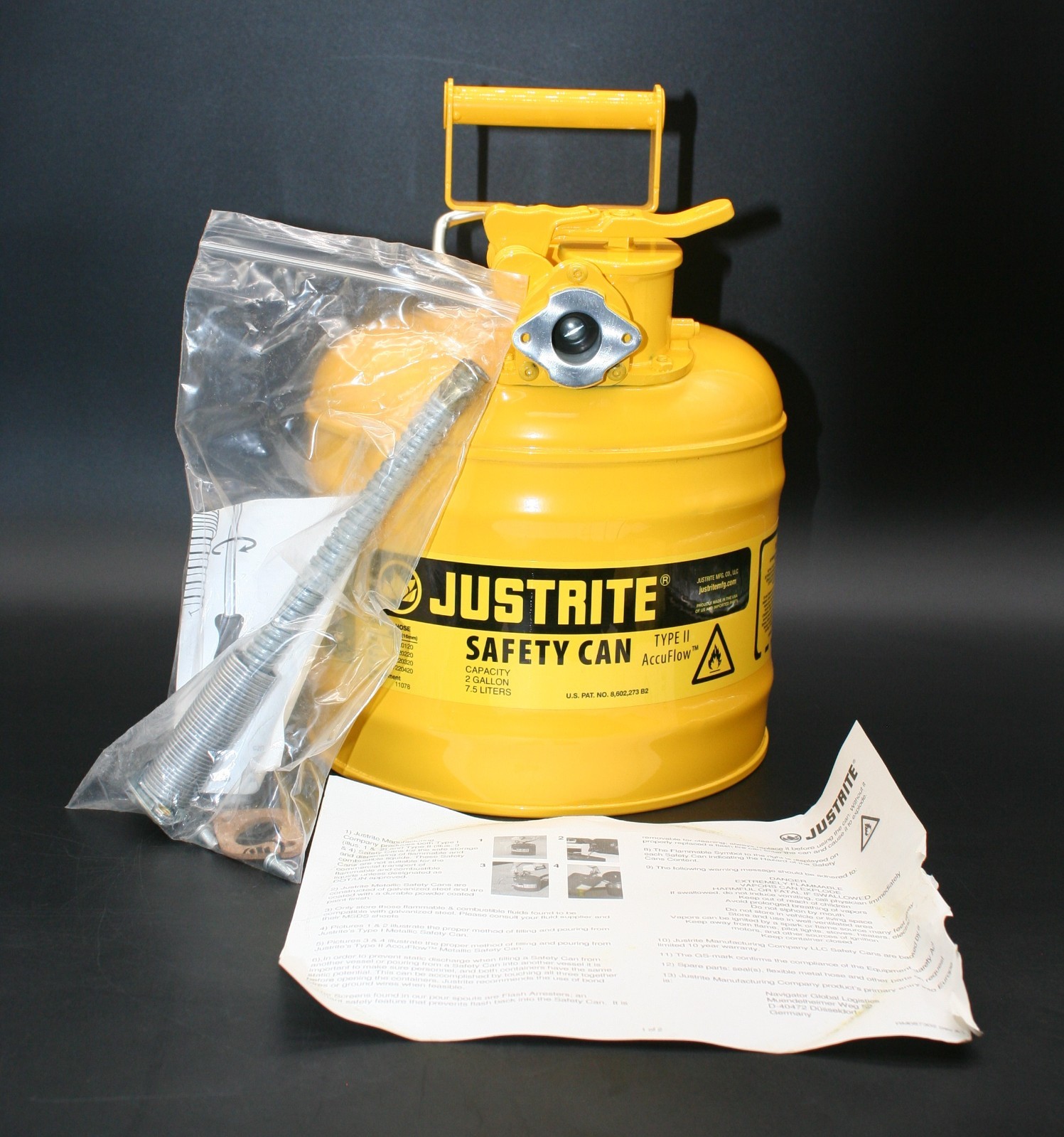 One (1) JUSTRITE 7220220 (ULINE H-1849Y) Safety Can, 2-Gallon, Yellow, Diesel