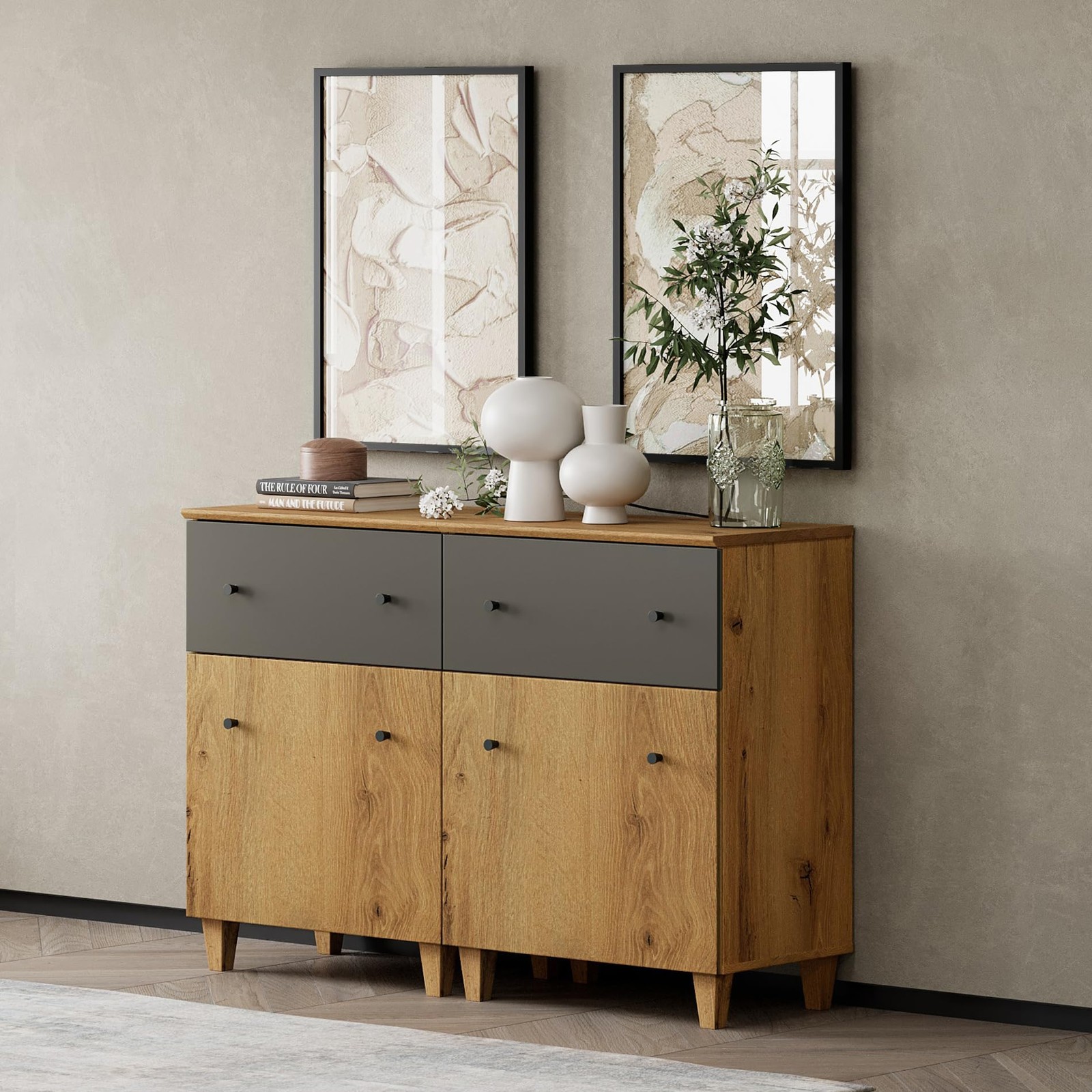 Set of 2 Storage Sideboard Cabinets Adjustable Shelves Oak Brown Dark Grey