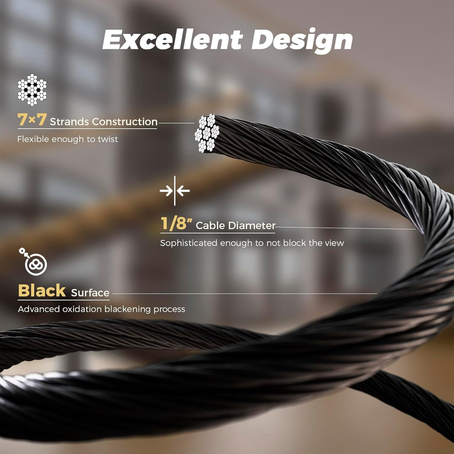 650FT 1/8″ T316 Black Stainless Steel Cable, Black Wire Rope Aircraft