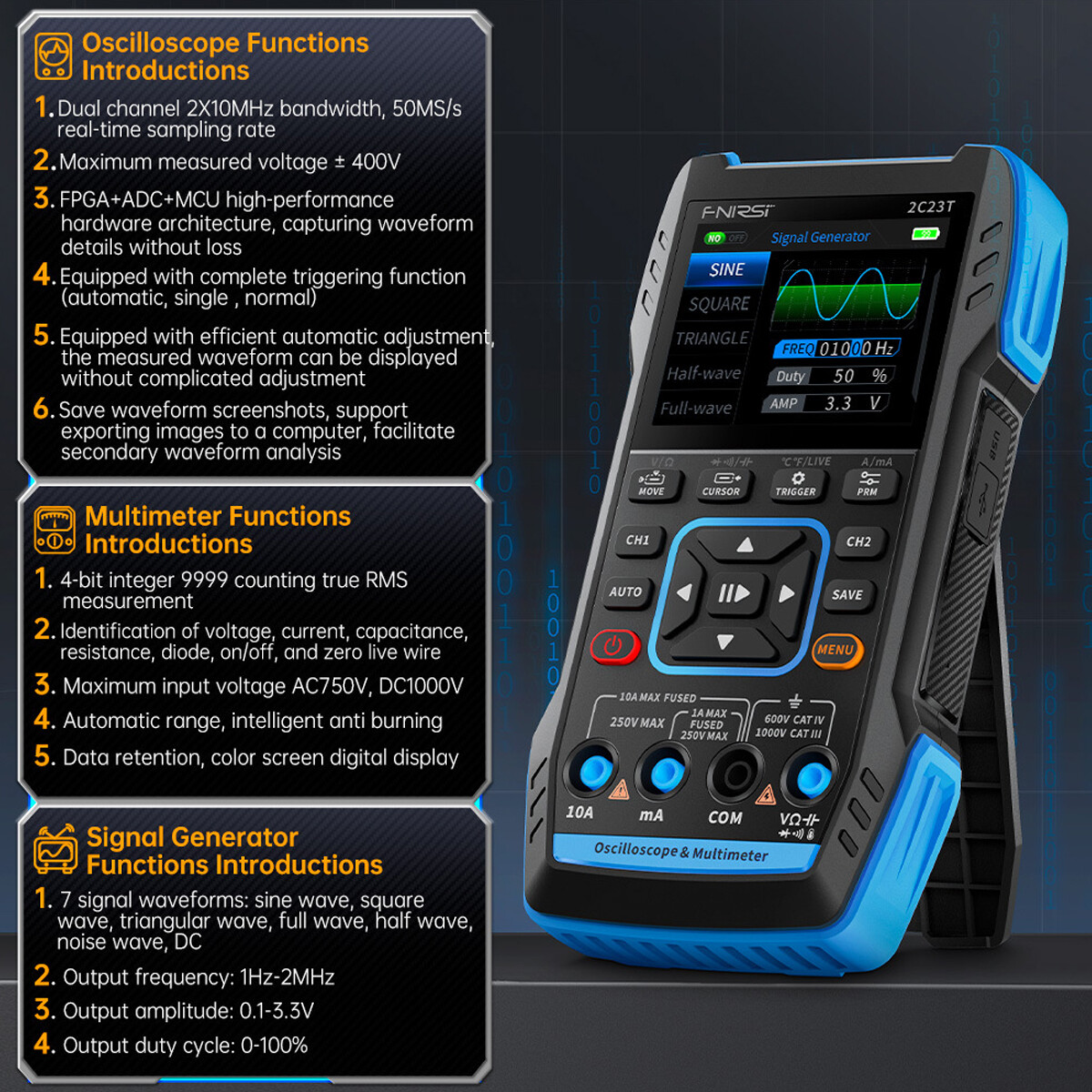 3-IN-1 FNIRSI 2C53T Advanced Version Dual Channel Digital Oscilloscope + 2 Probe