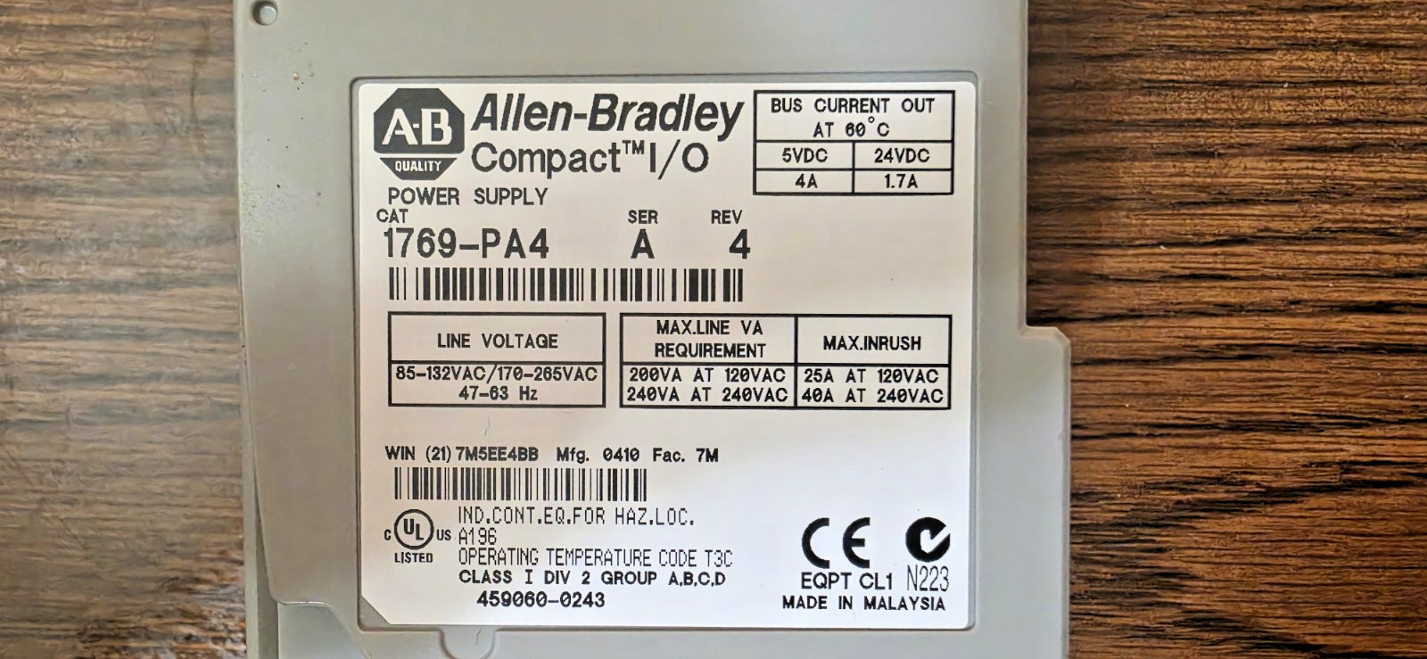 Allen Bradley 1769-PA4 Ser. A Rev 4 CompactLogix Power Supply Rev. 4