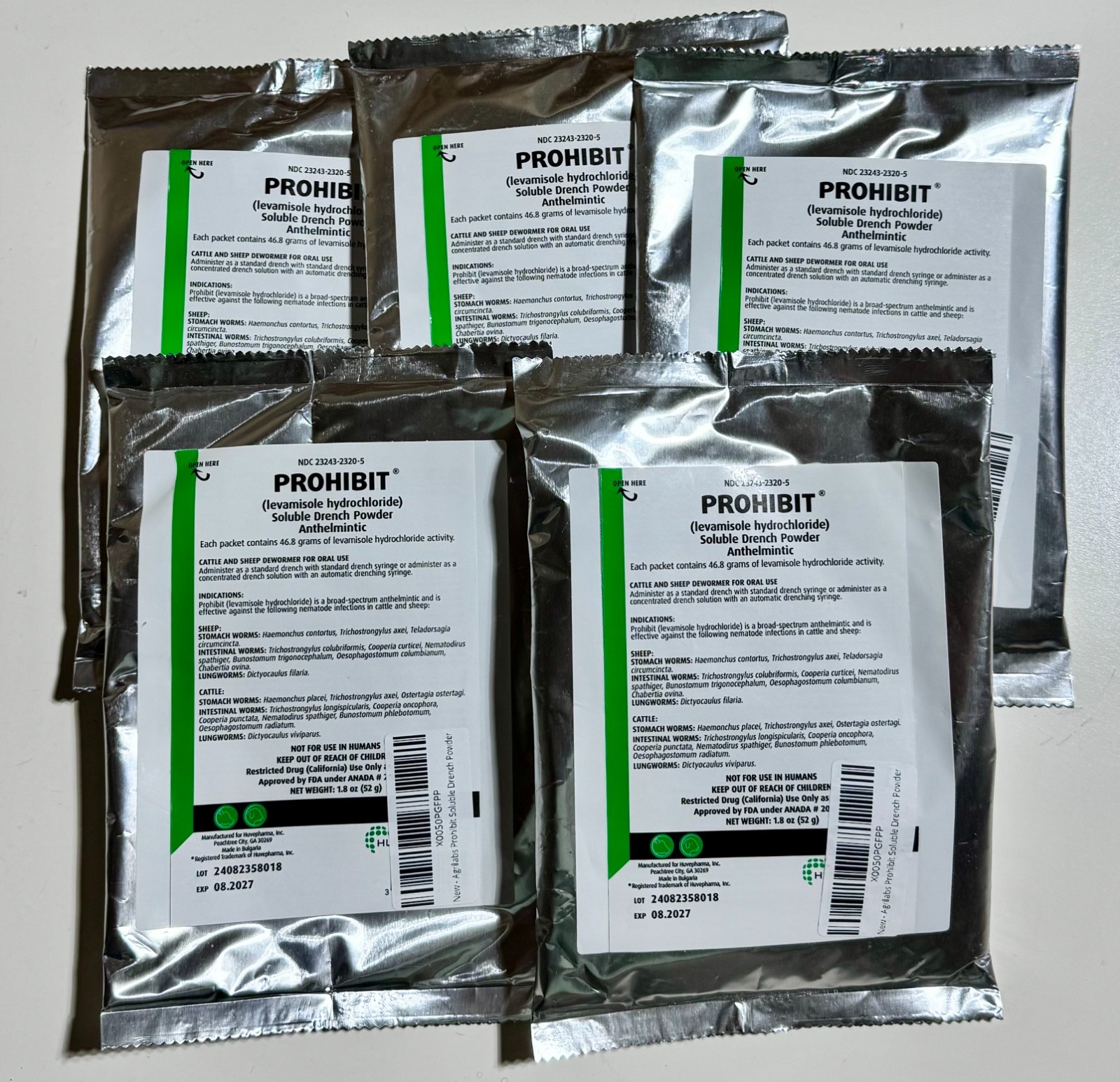 5 Packs Agrilabs Prohibit Soluble Drench Powder for Cattle and Sheep Exp:08/27