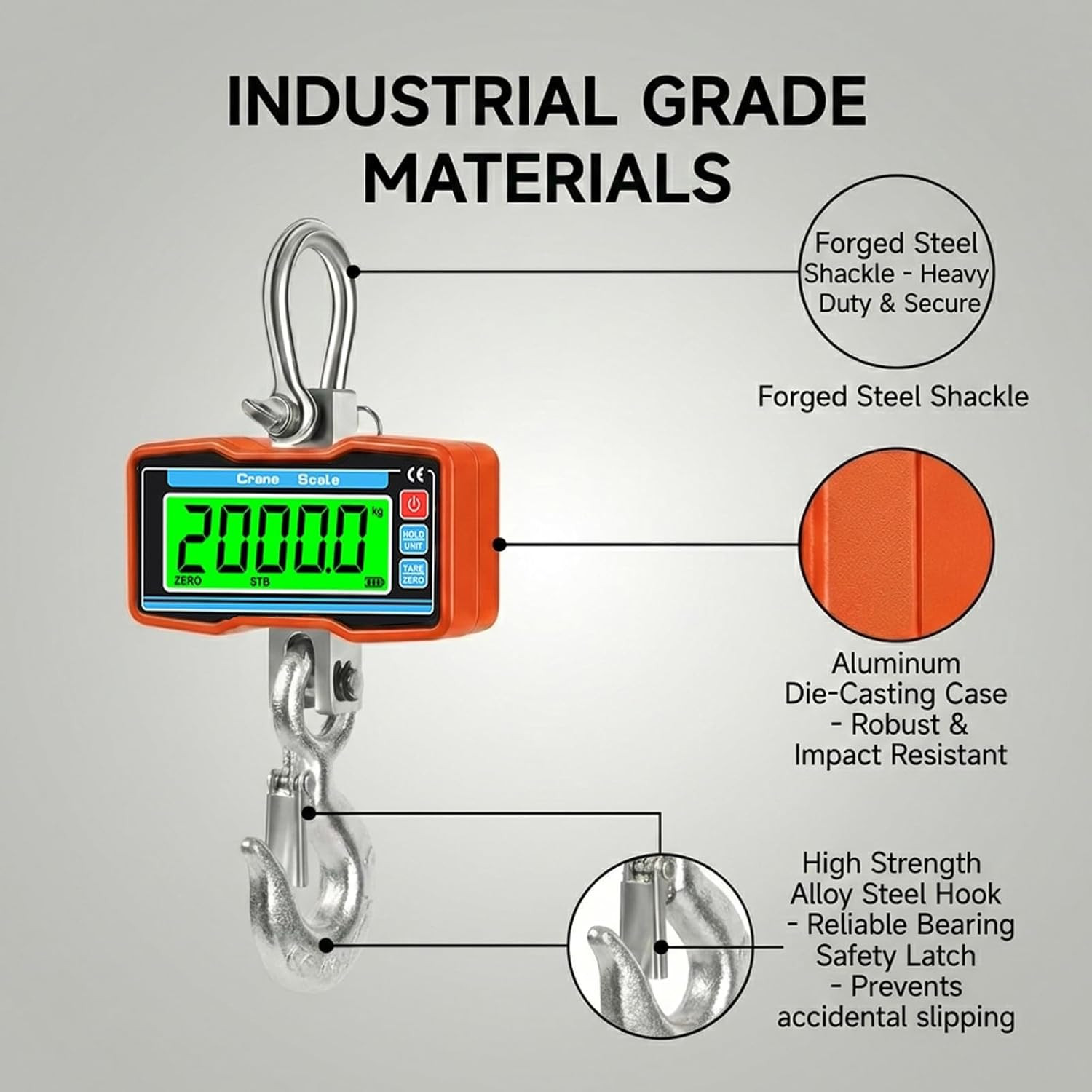 4400Lbs / 2 Ton Digital Crane Scale, 1Lb (0.5Kg) Accuracy Heavy Duty Industrial