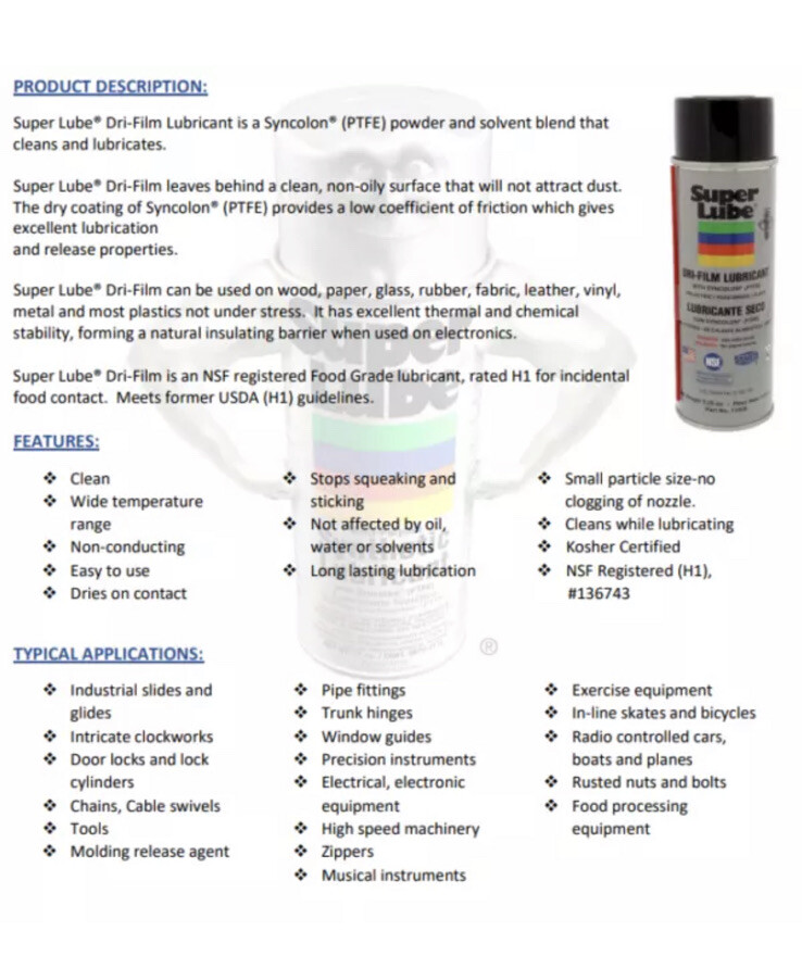 SUPER LUBE 11016 Dry Film PtFE, Aerosol Can, 11 Oz.