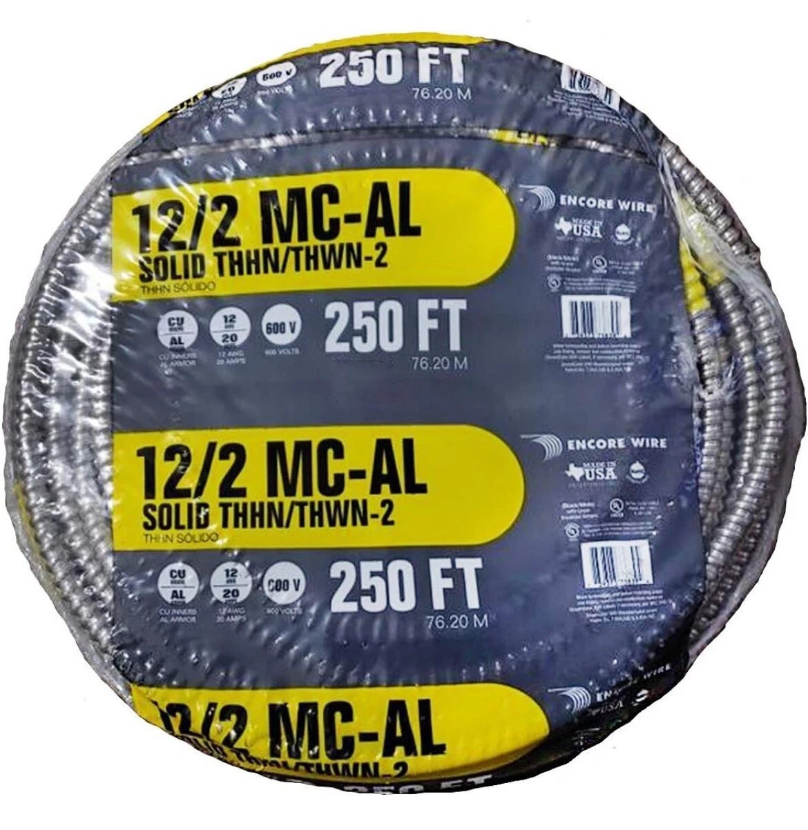 250 FT ENCORE WIRE METAL CLAD CABLE 12/2 MC-AL 12 AWG SOLID ALUMINUM