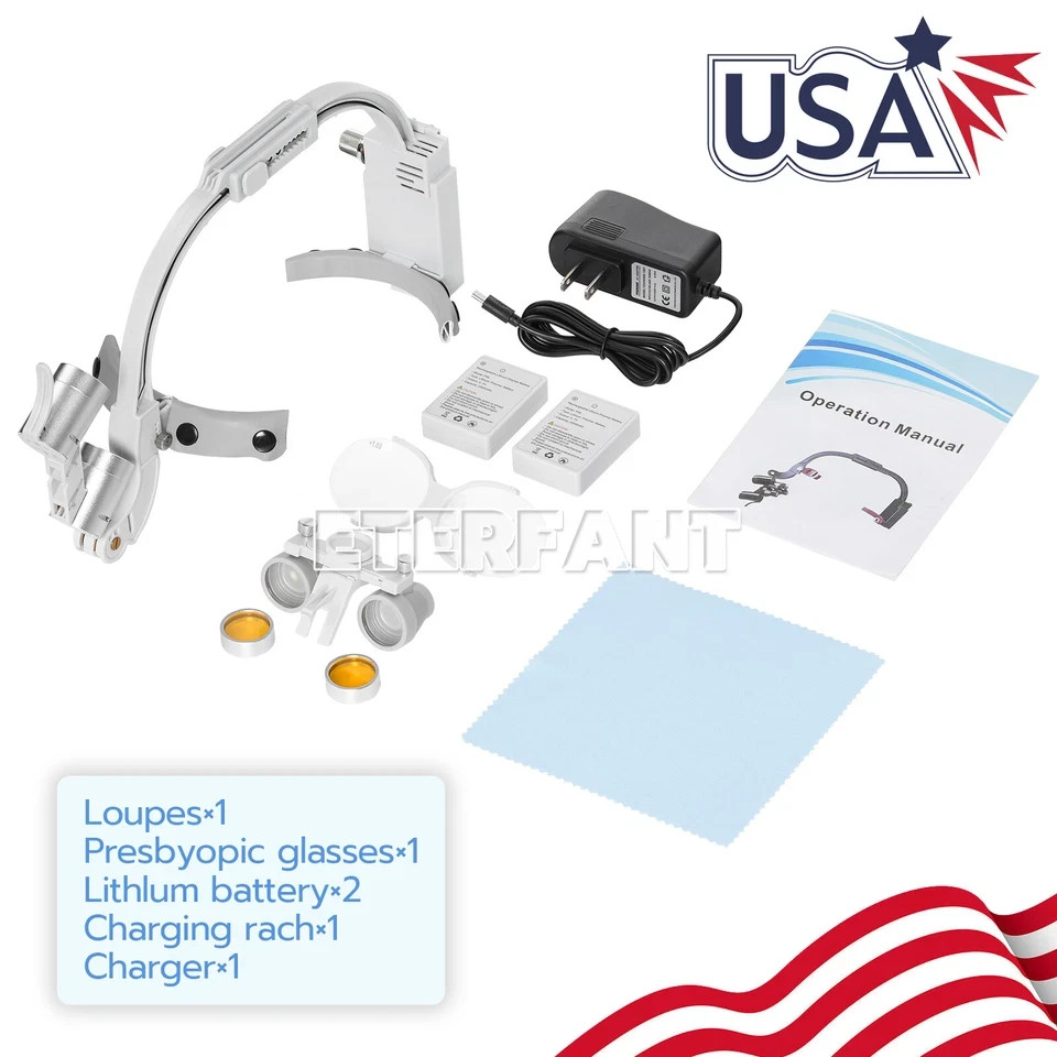 ETERFANT 3.5X Dental Headband Binocular Loupes 5W Dual LED Head Light 2Leds Blue