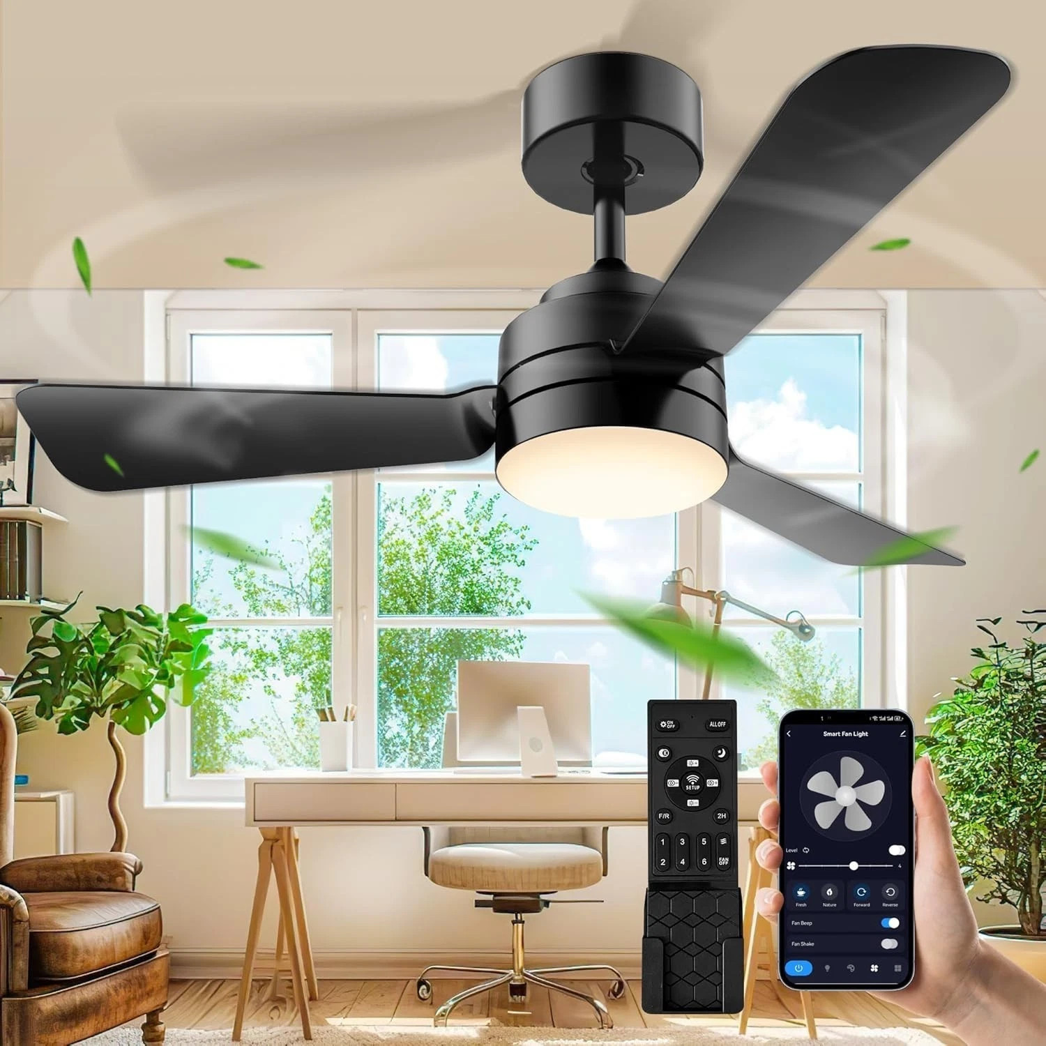 28″ Modern Fan Lights Flush Mount LED Ceiling Light kit W/ APP Remote Control,r