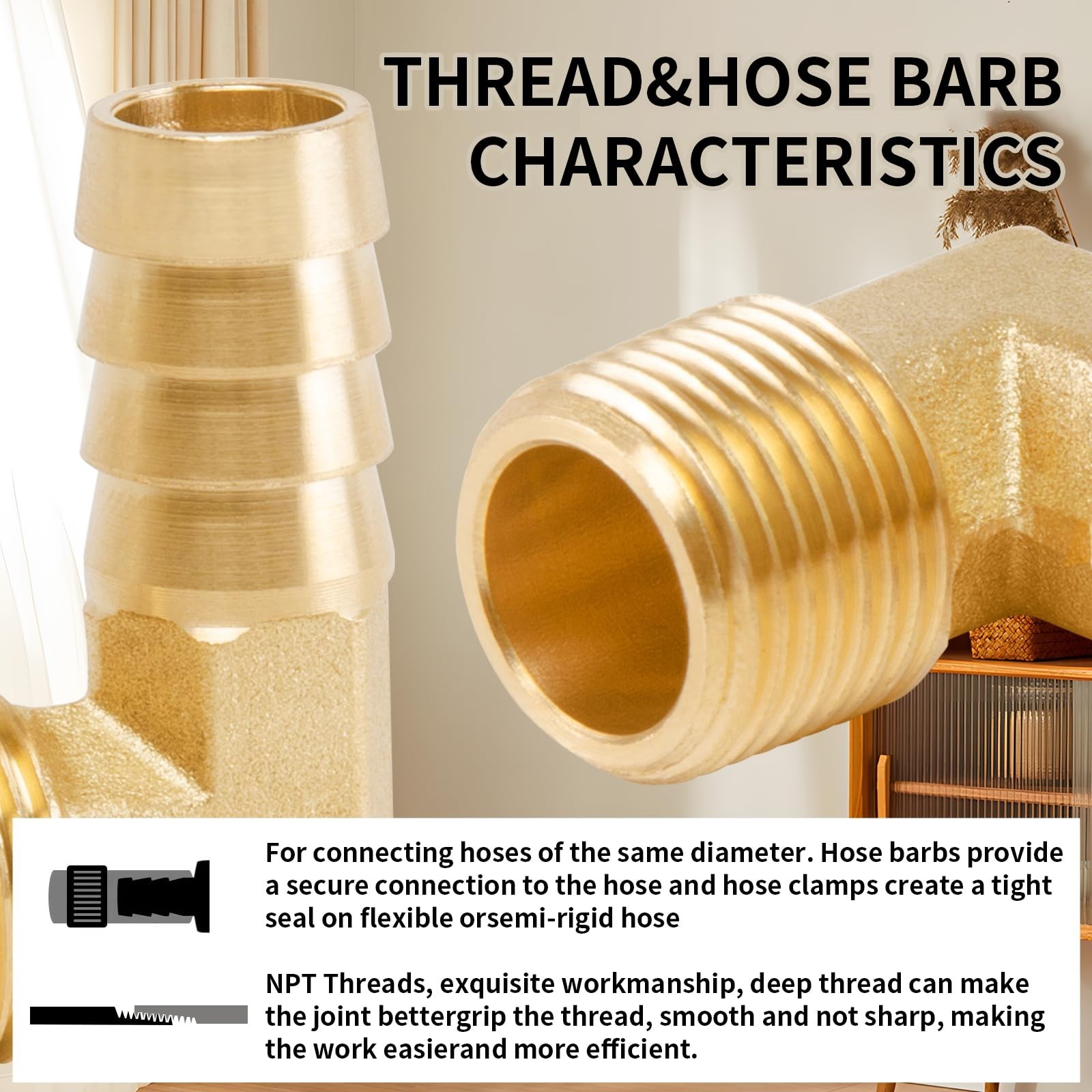 90° Elbow Brass Hose Barb Fittings 1/2″ x 3/8″ NPT Male Adapter + Clamps (6-Pack