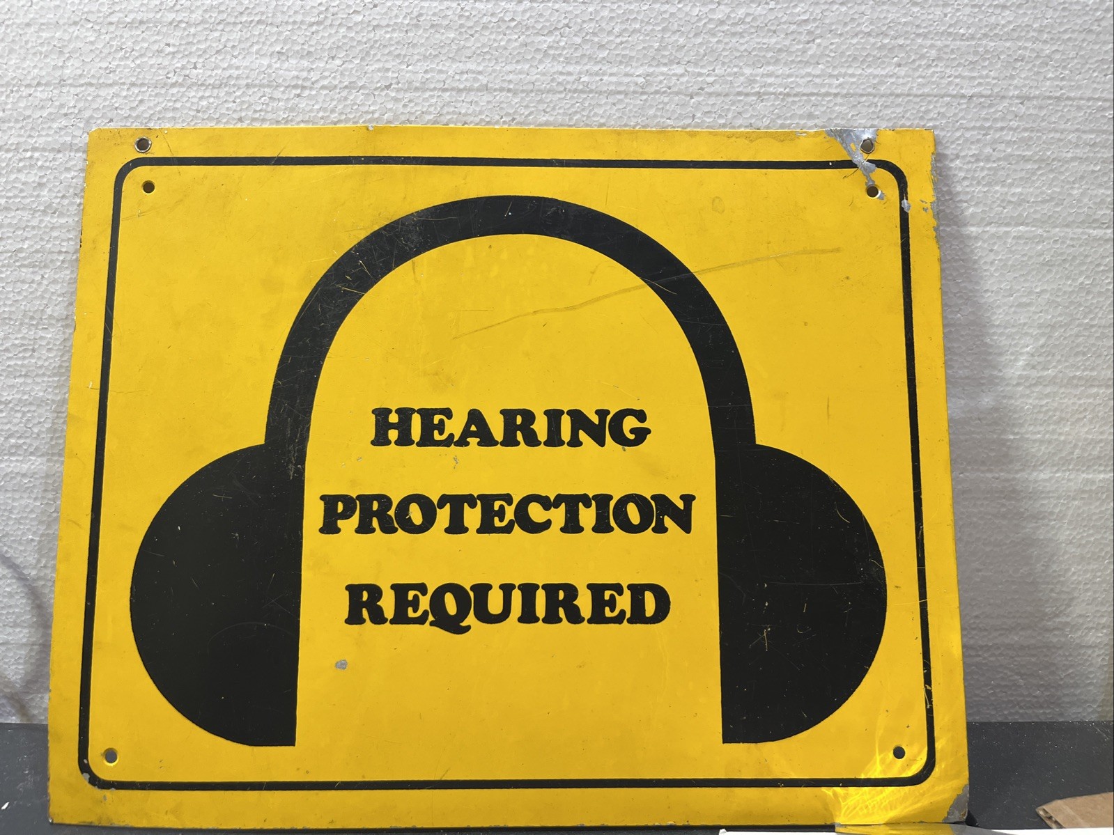 Pair of Vintage Metal Hearing Protection Required Signs Industrial Safety 11×14