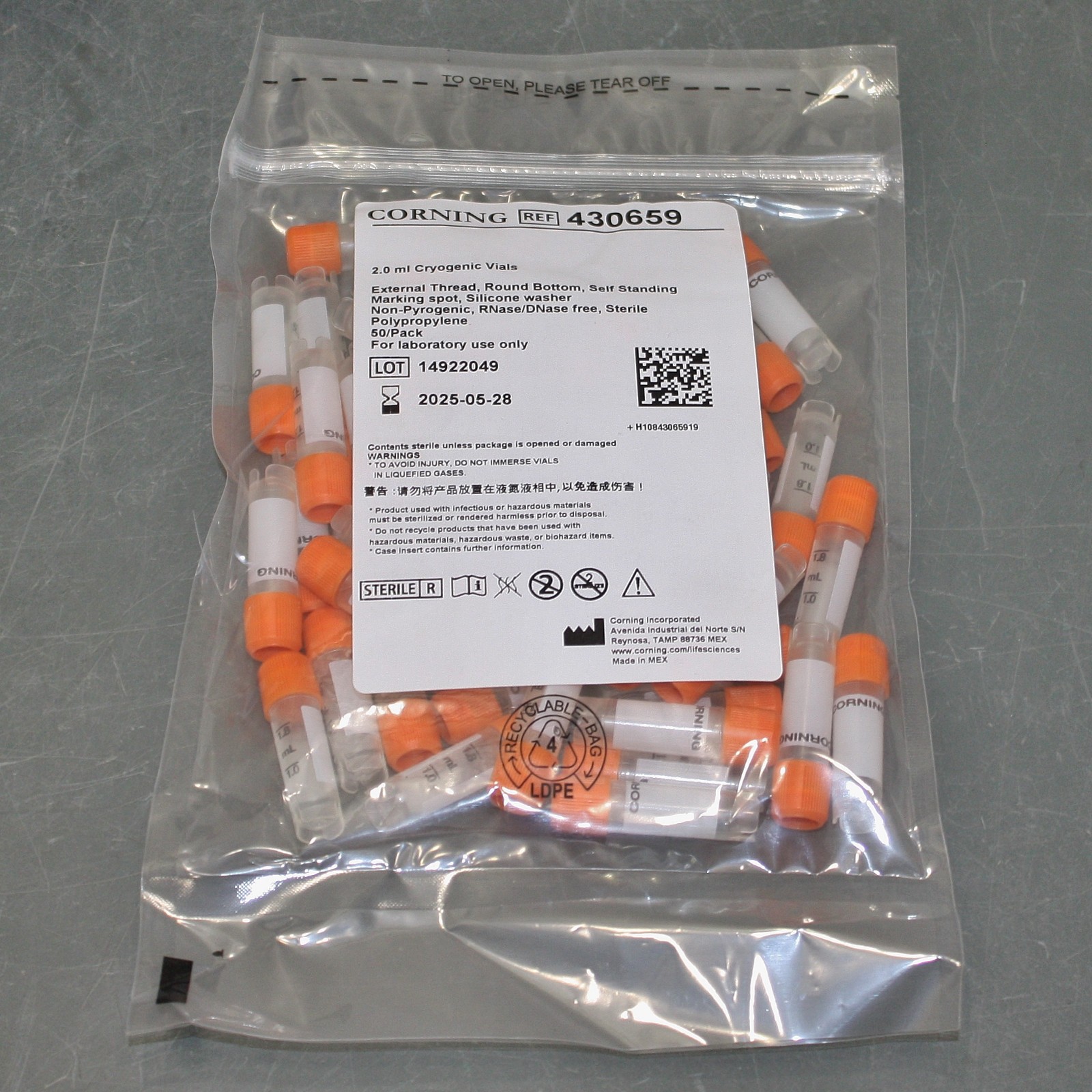 EXPIRED 5/2025 -(500) Corning 2mL Cryogenic Vials 430659, Round 12mm OD Cryo