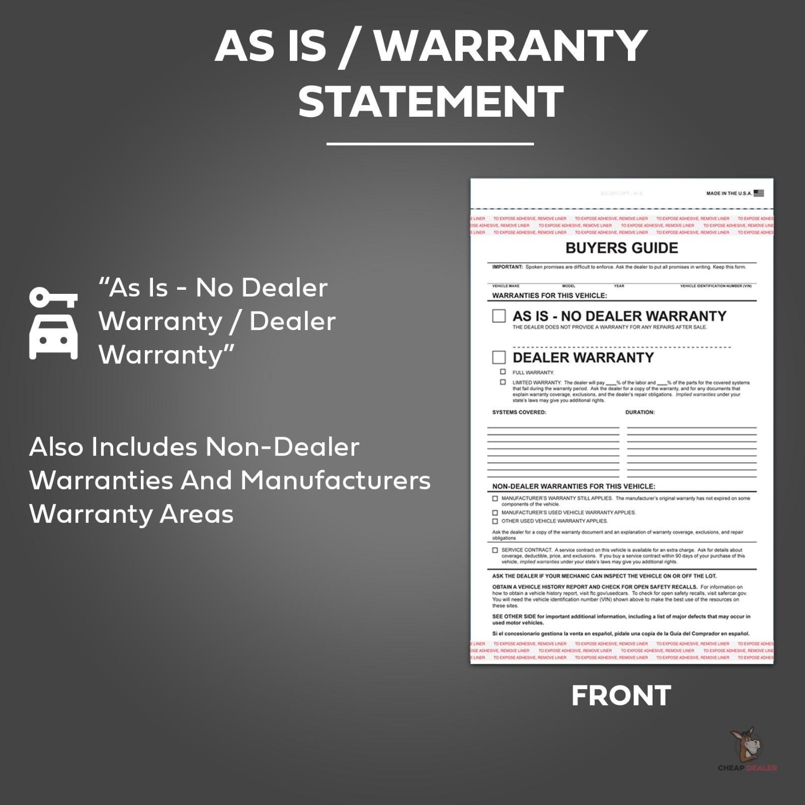 2-Part Buyers Guide Form – Adhesive Tape – English – As Is – Warranty (100 pack)