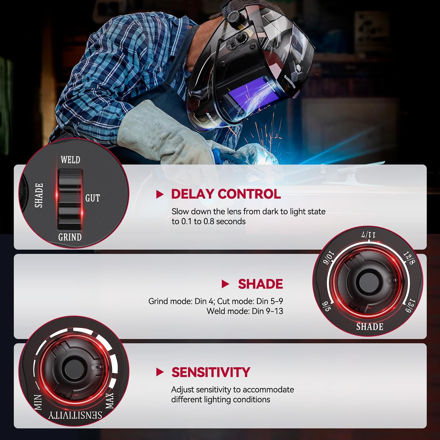 ARCCAPTAIN Welding Helmet Auto Darkening Large Viewing TIG MIG ARC 3.93″X3.66″