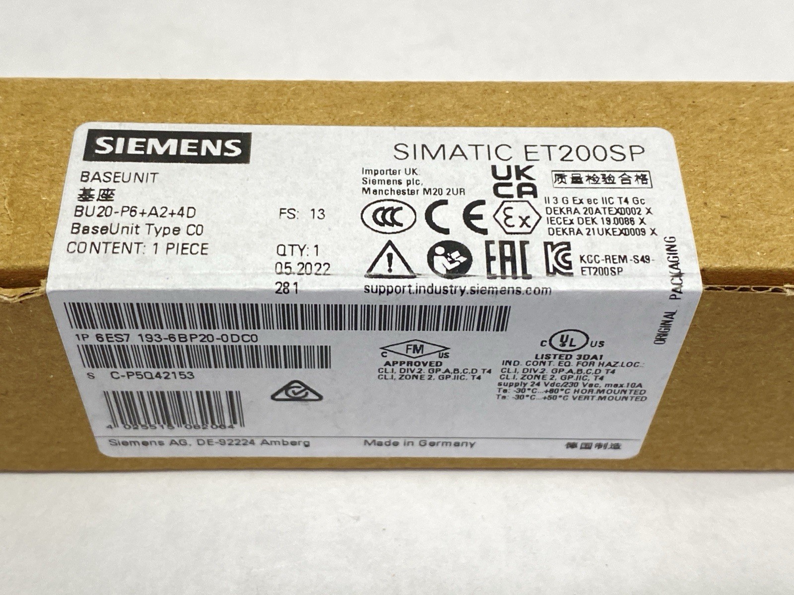 Siemens 6ES7193-6BP20-0DC0 SIMATIC ET 200SP Base Unit