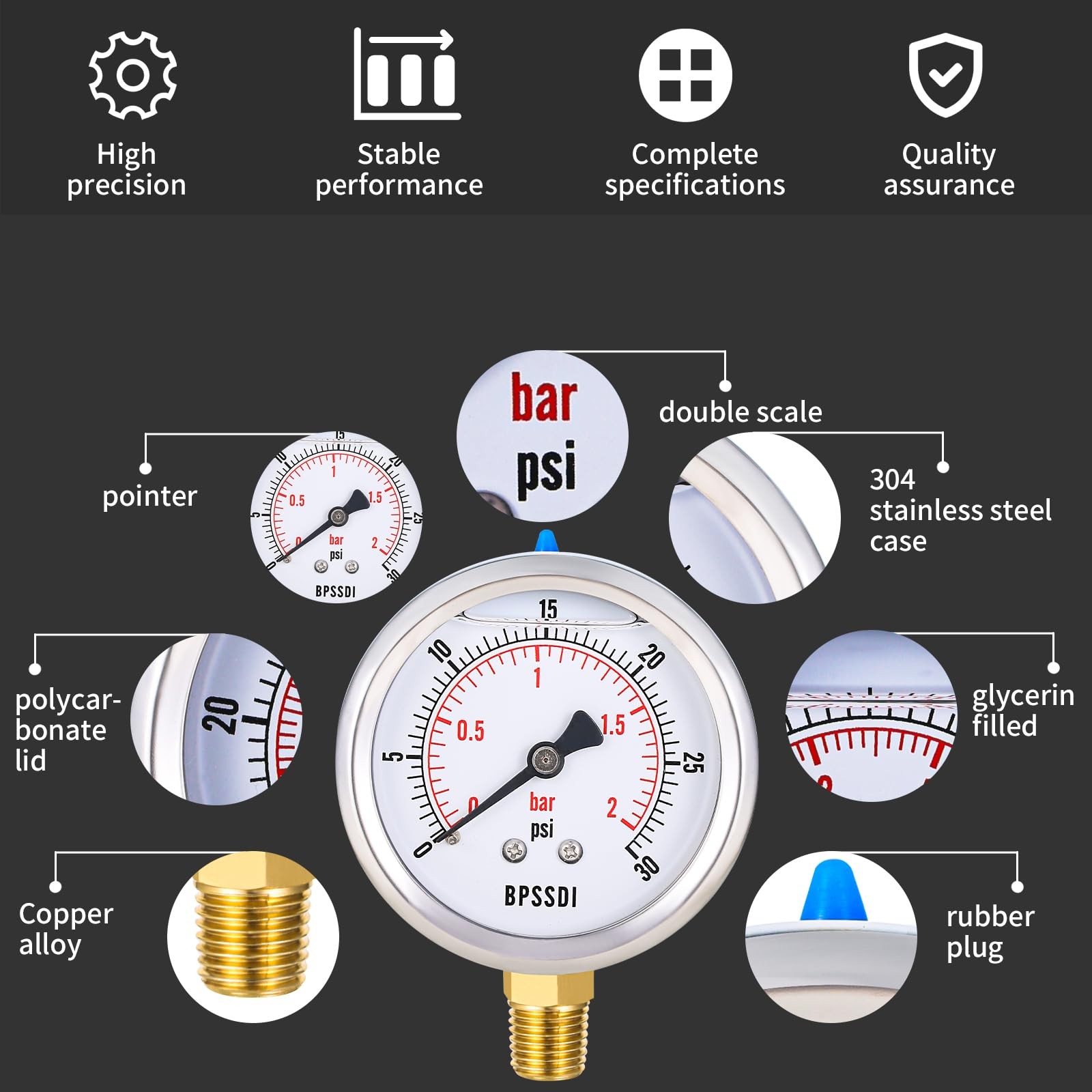 Glycerin Liquid Filled Low Pressure Gauge, 2.5″ Dial Size, 1/4″ NPT Lower Mount