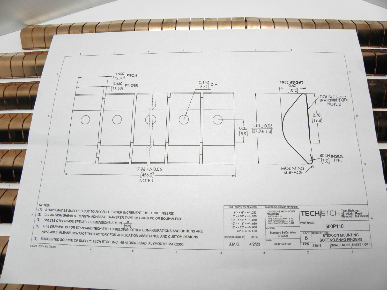 Tech Etch EMI/RFI Shielding 500P110 BeCu Alloy 10 strips 320 fingers