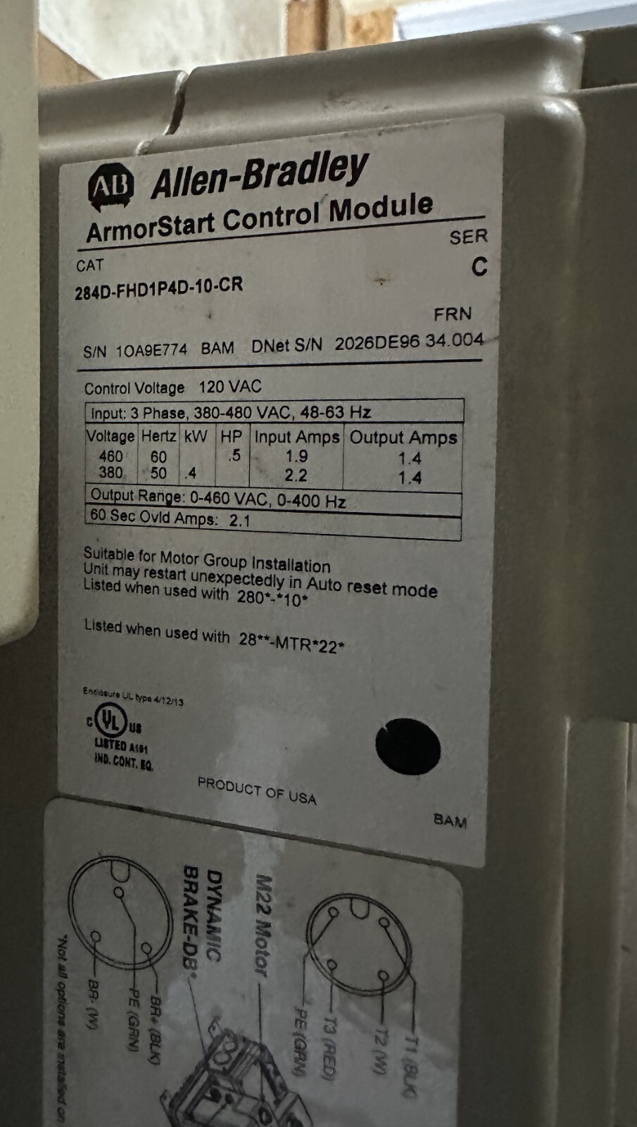 ALLEN BRADLEY 284D-FHD1P4D-10-CR SER C ARMORSTART CONTROL MODULE S/N: 1OA9E774