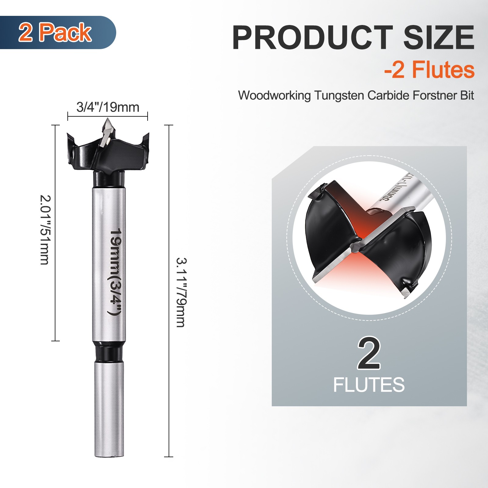 3/4″(19mm) Forstner Bits, 2Pack 2 Flutes Cemented Carbide Round Shank, Black