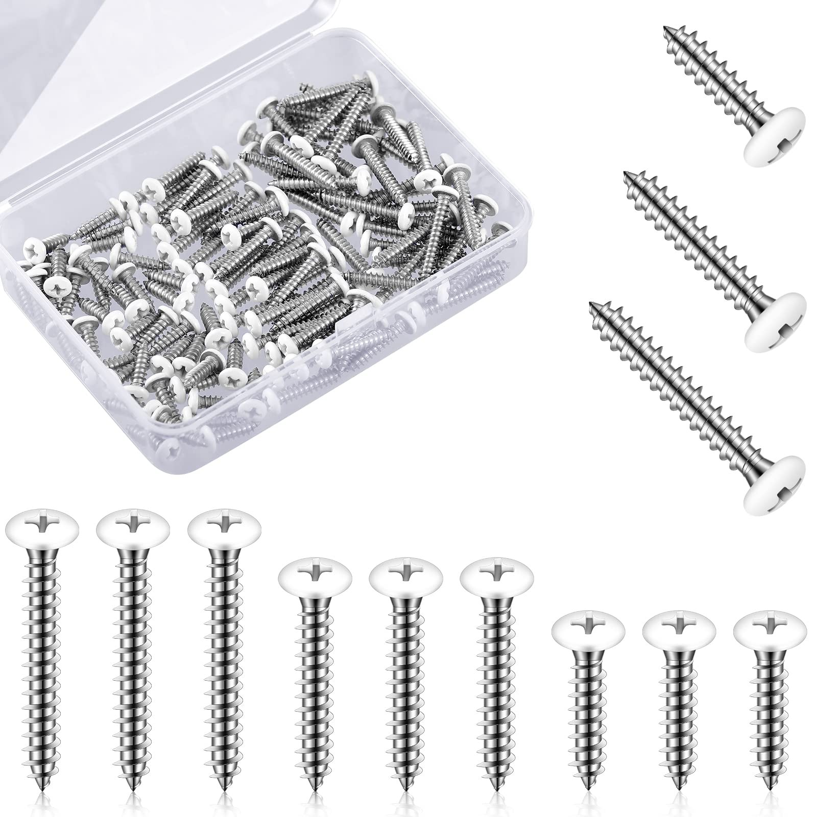 120 Pcs #8 White Head Wood Screws Self Tapping 3 Assorted Sizes for Wall