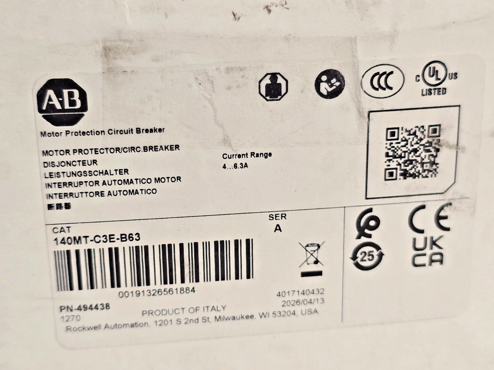 Allen Bradley 140MT-C3E-B63 Series A MPCB 4.0-6.3 A, Frame C, New
