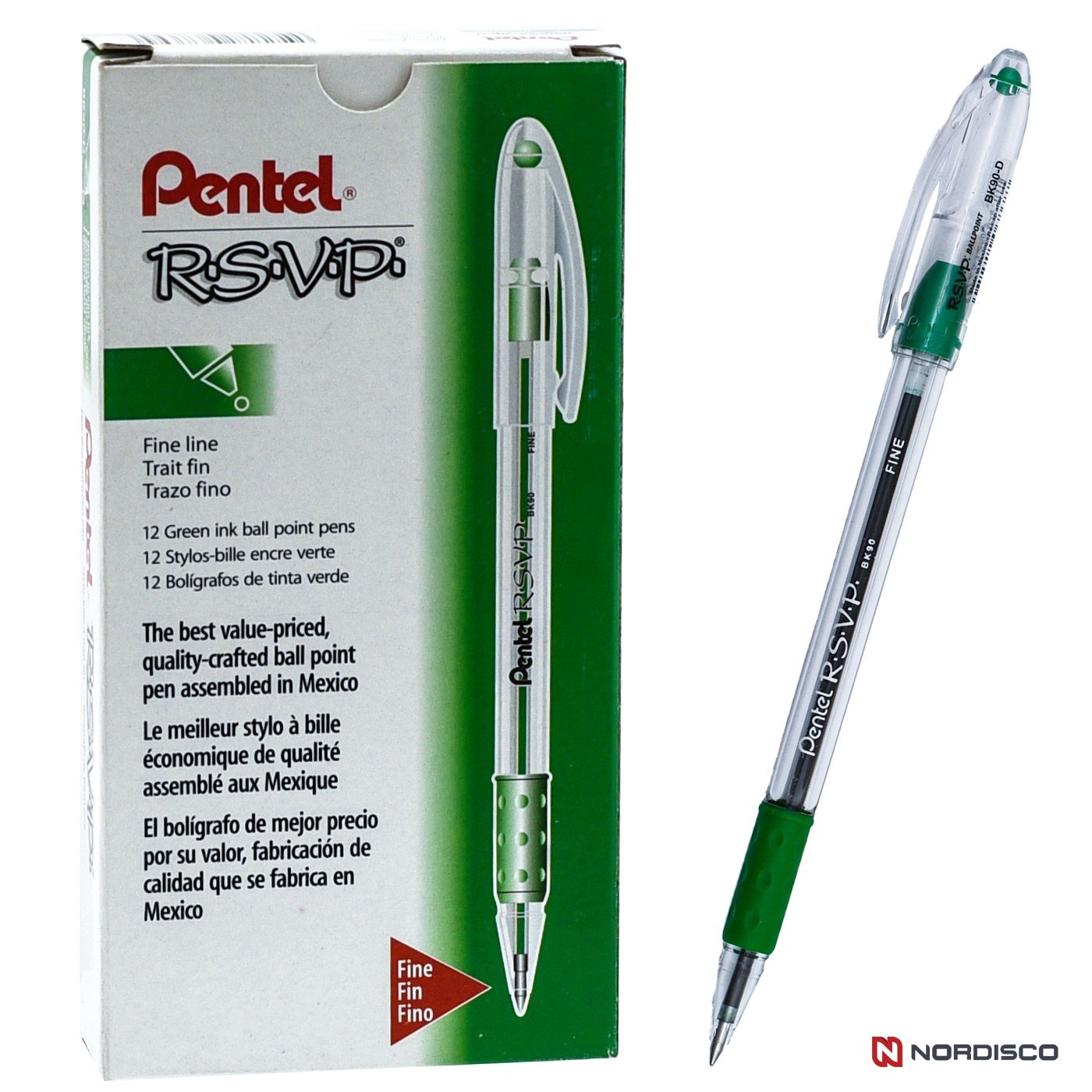 Pentel RSVP Fine BK90-D Green Ink Ballpoint Pen, Box of 12 Pens