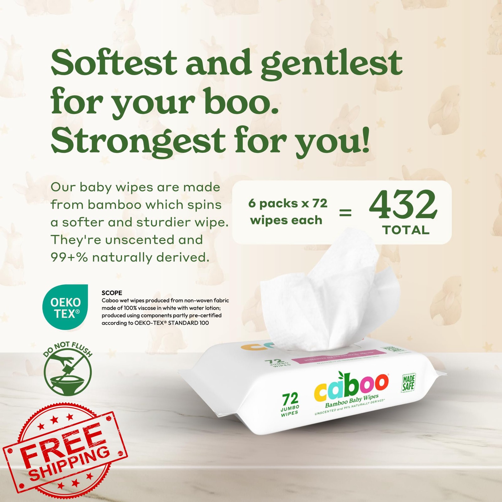 Caboo Unscented Wipes 72ct 6 Packs