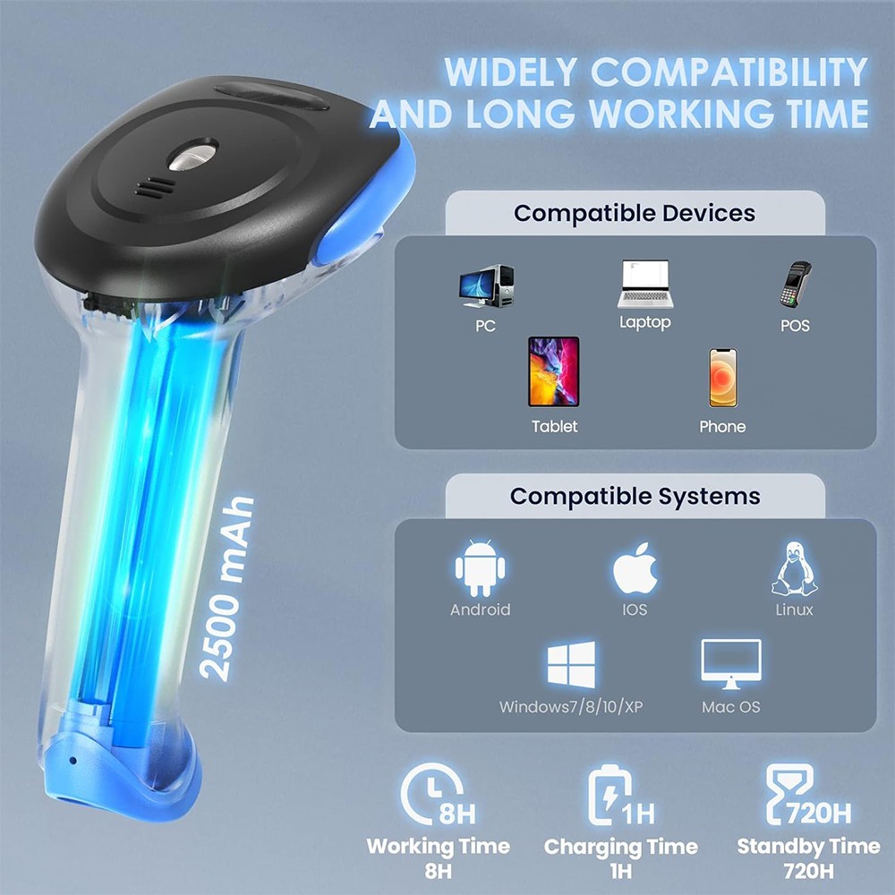 2D Bluetooth Wireless Barcode Scanner Handheld Cordless USB QR Code Reader Blue